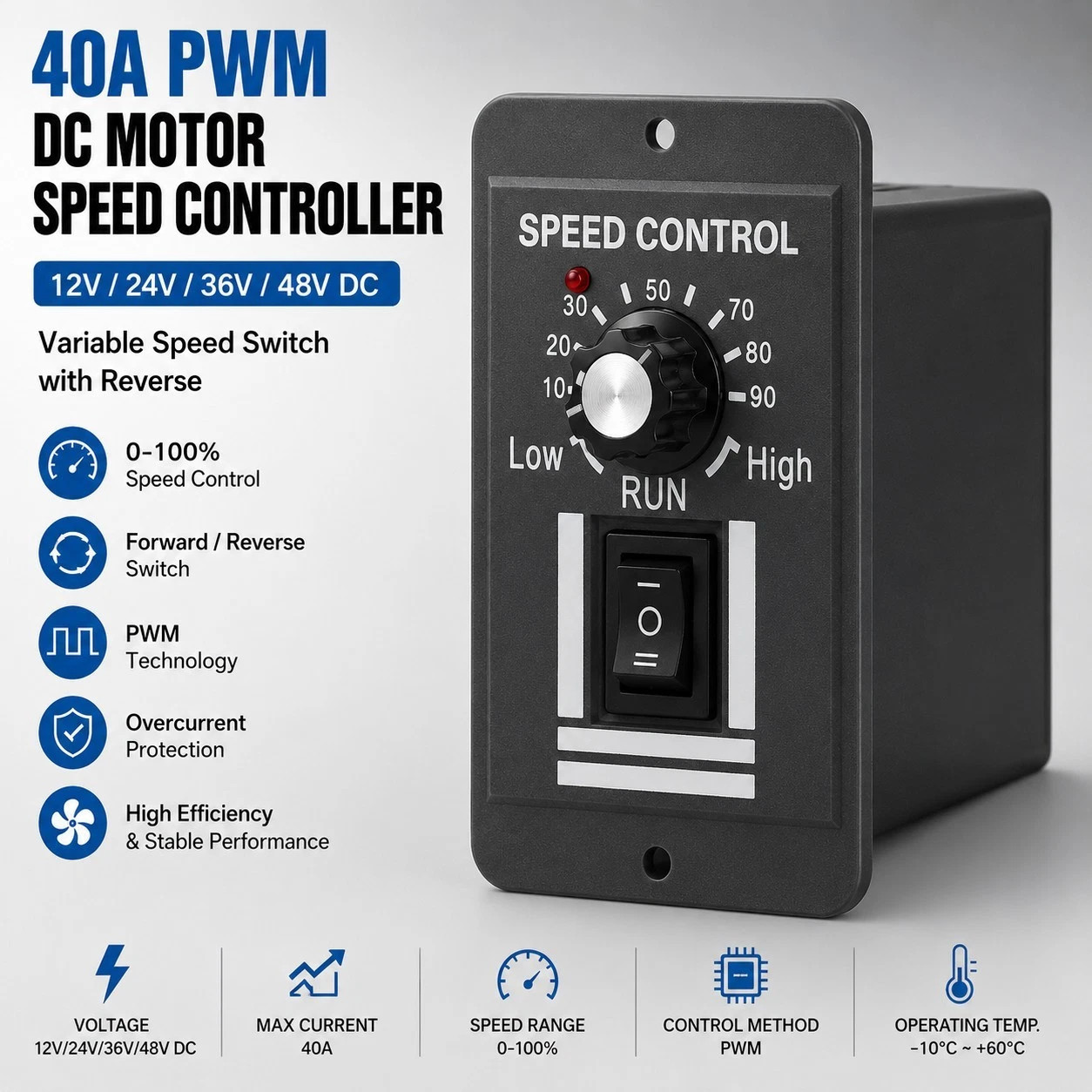 40A PWM DC Motor Speed Controller 12V 24V 36V 48V Variable Speed Switch Reverse