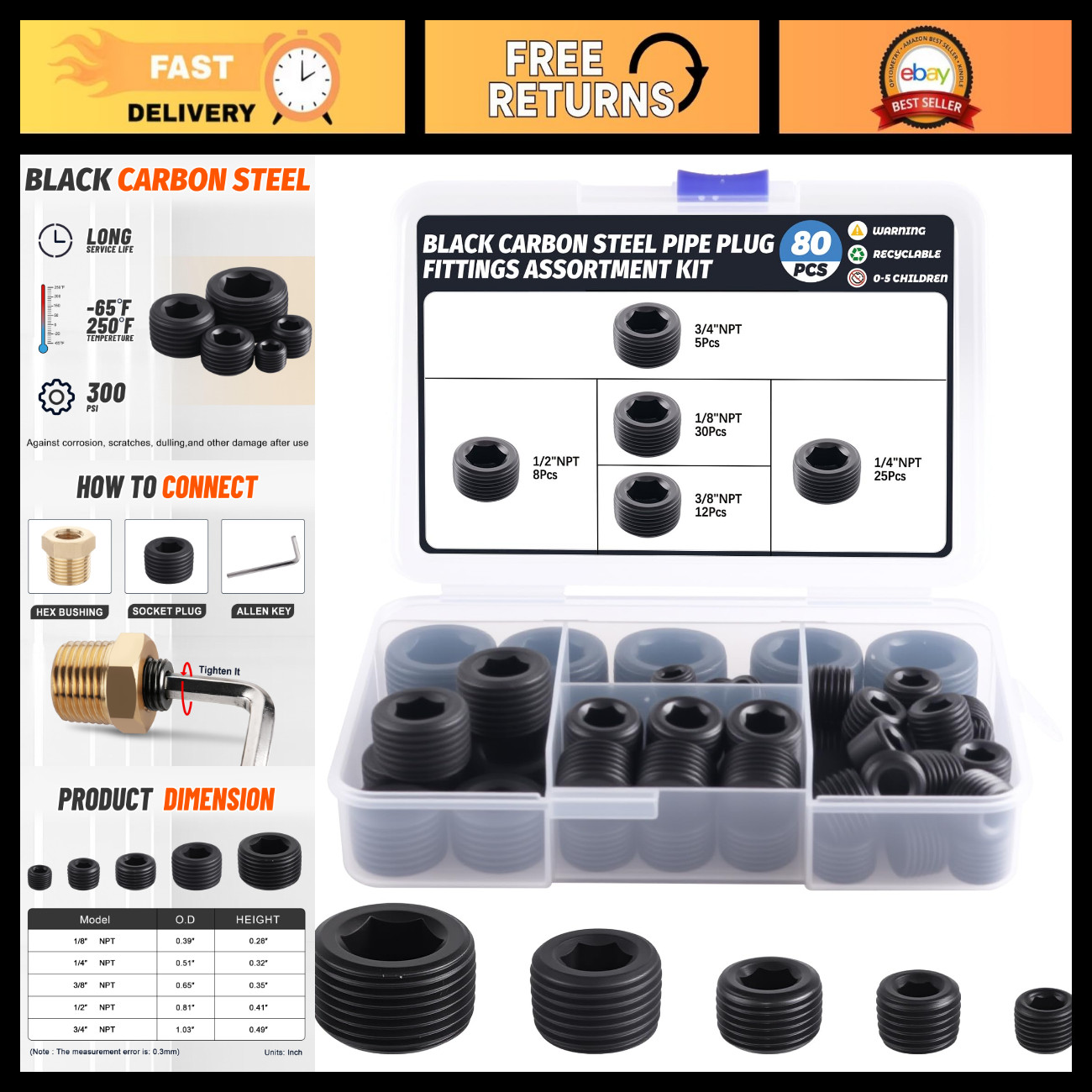 80Pcs Black Carbon Steel Pipe Plug Fittings Set, 5 Sizes, Durable & Versatile