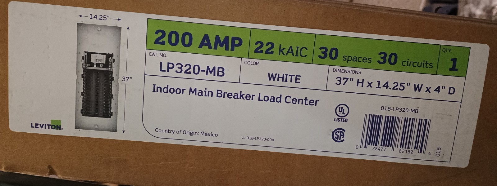 Leviton 01B-LP320-MB Indoor Load Center, 30 Spaces, 200 Amp Main Breaker