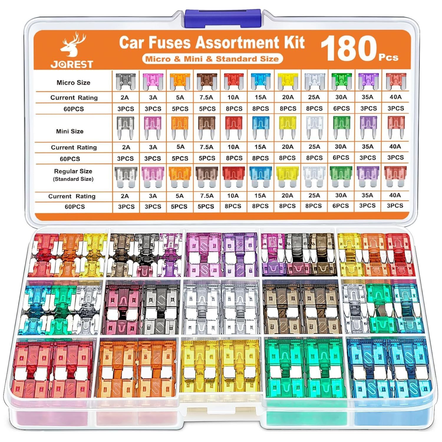 180Pcs Automotive Fuse Assortment Kit, Mini, Standard Blade & Micro, 2A-40A, Car