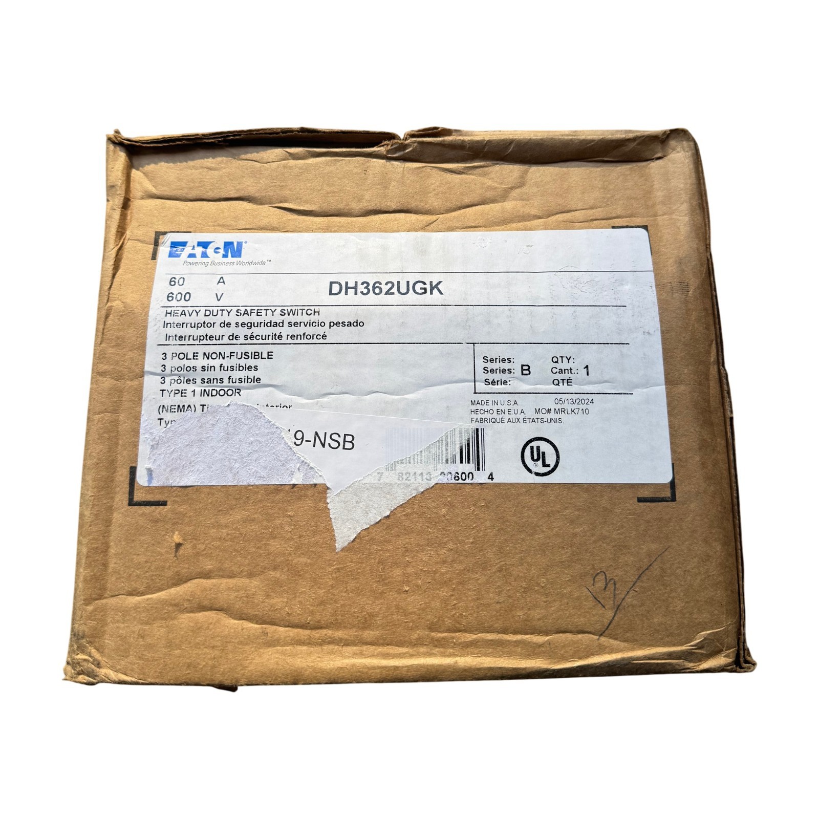 Eaton DH362UGK 60A 600V 3-Pole Heavy Duty Safety Switch Type 1 Enclosure