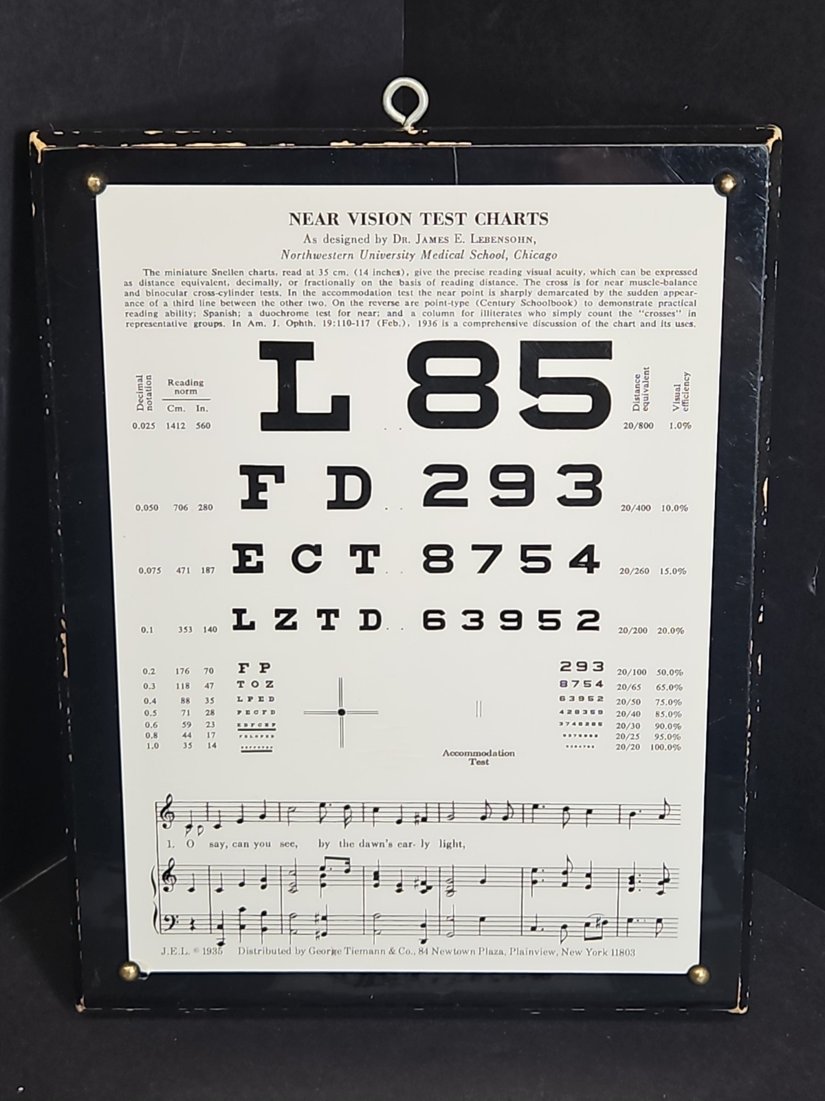 1935 Near Vision Eye Test Chart Dr James Lebensohn Double Sided Antique GUC #2