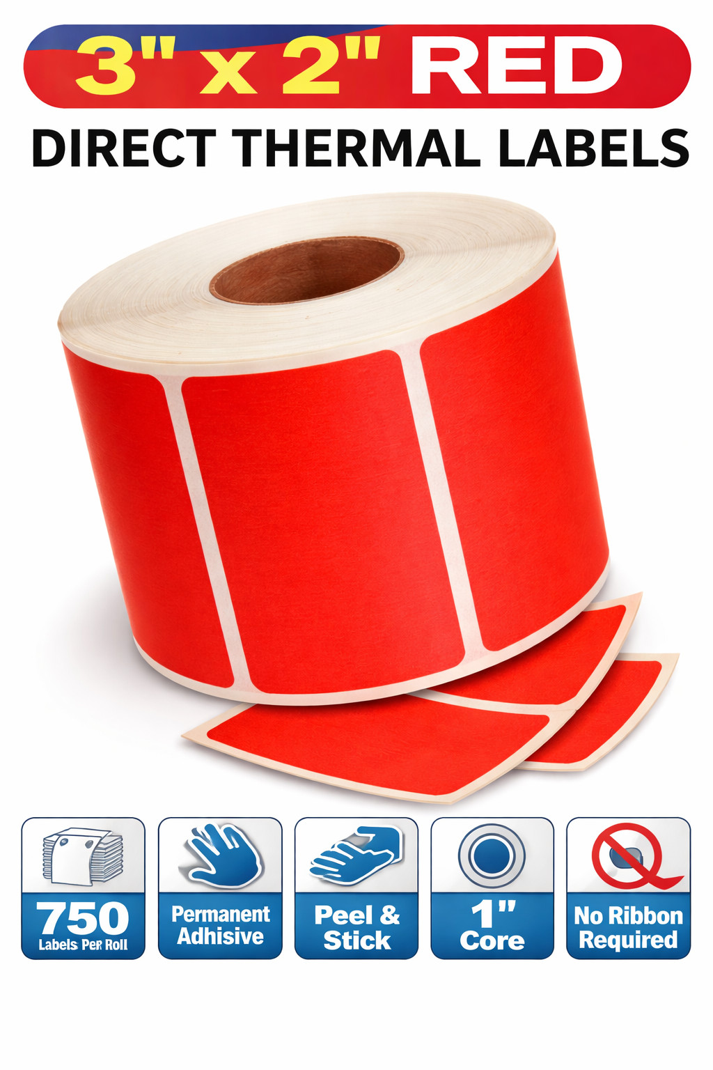 Direct Thermal Zebra Labels- 3x2 Red Colored 700 Labels per roll, 1-12 Rolls