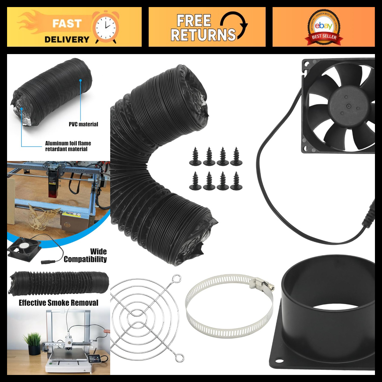Smoke Ventilation Kit with 4000RPM Fan & Flexible Ducting for 3D Printers & Lase
