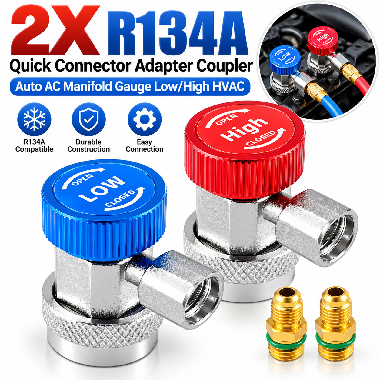 2PCS R134A Quick Connector Adapter Coupler Auto AC Manifold Gauge Low/ High HVAC