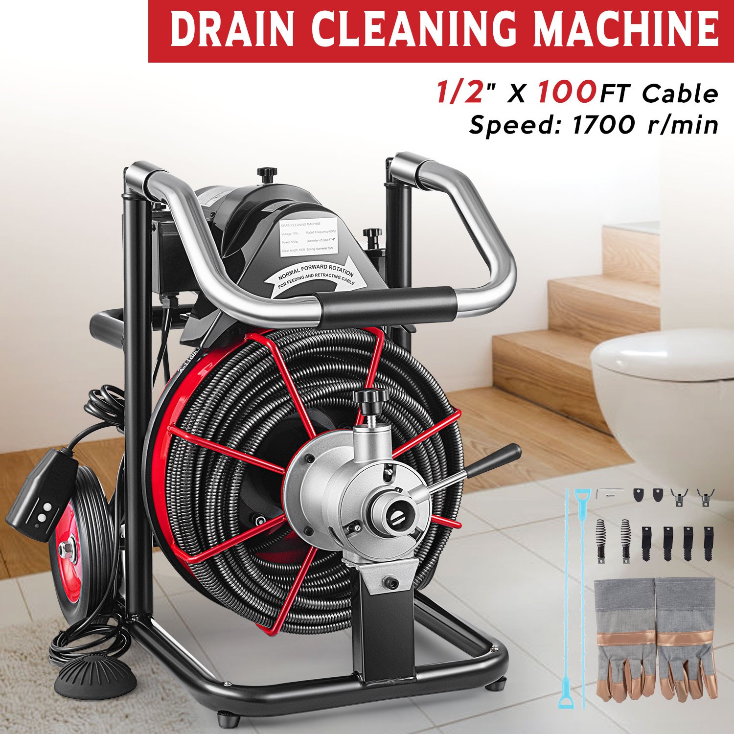 Commercial 100ft 1/2'' Sewer Snake Drain Auger Cleaner Cleaning Machine Plumbing Commercial 100ft 1/2'' Sewer Snake Drain Auger Cleaner Cleaning Machine Plumbing