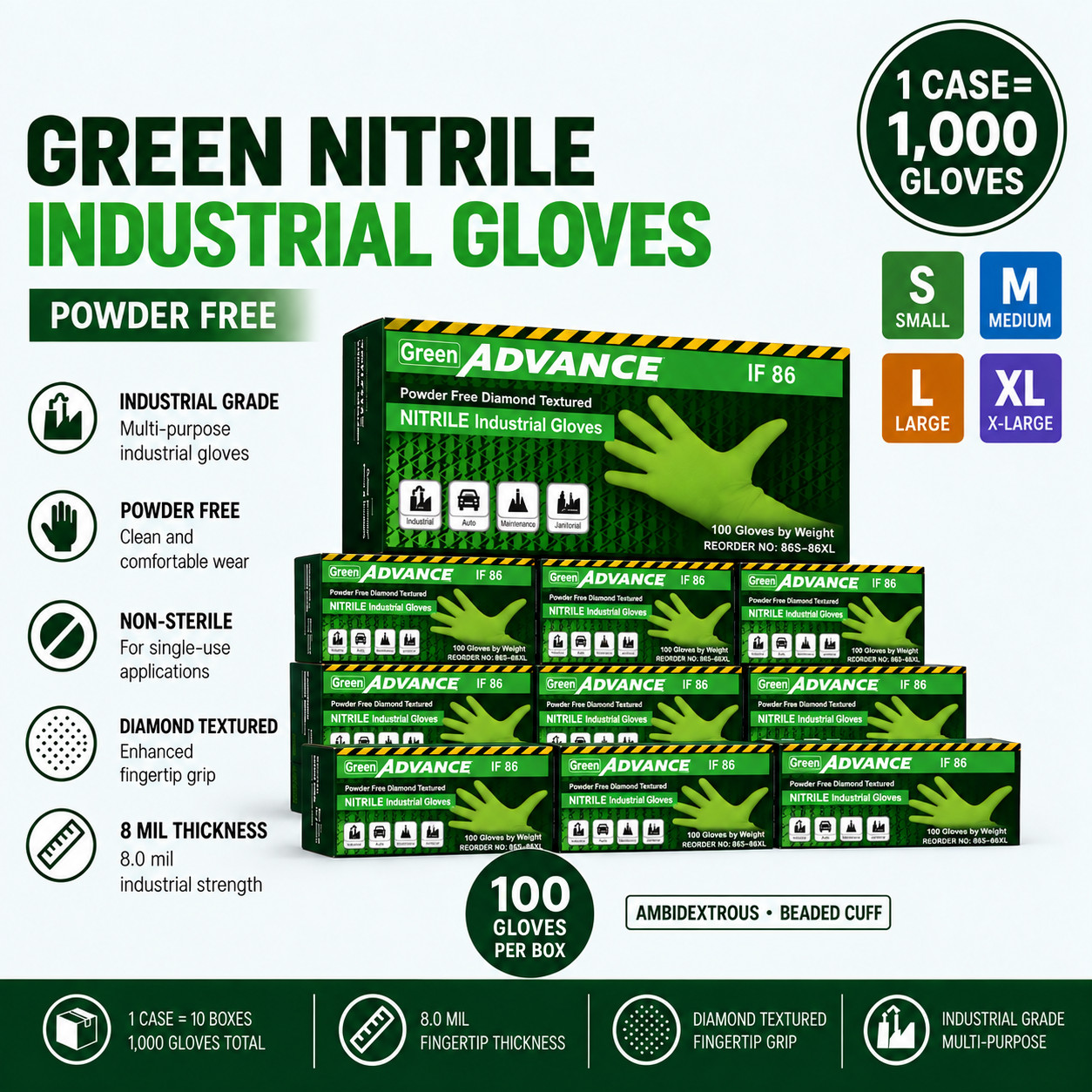 Heavy Duty Green Nitrile Diamond Textured Gloves 8 Mil Thick 1000 PCS S M L XL