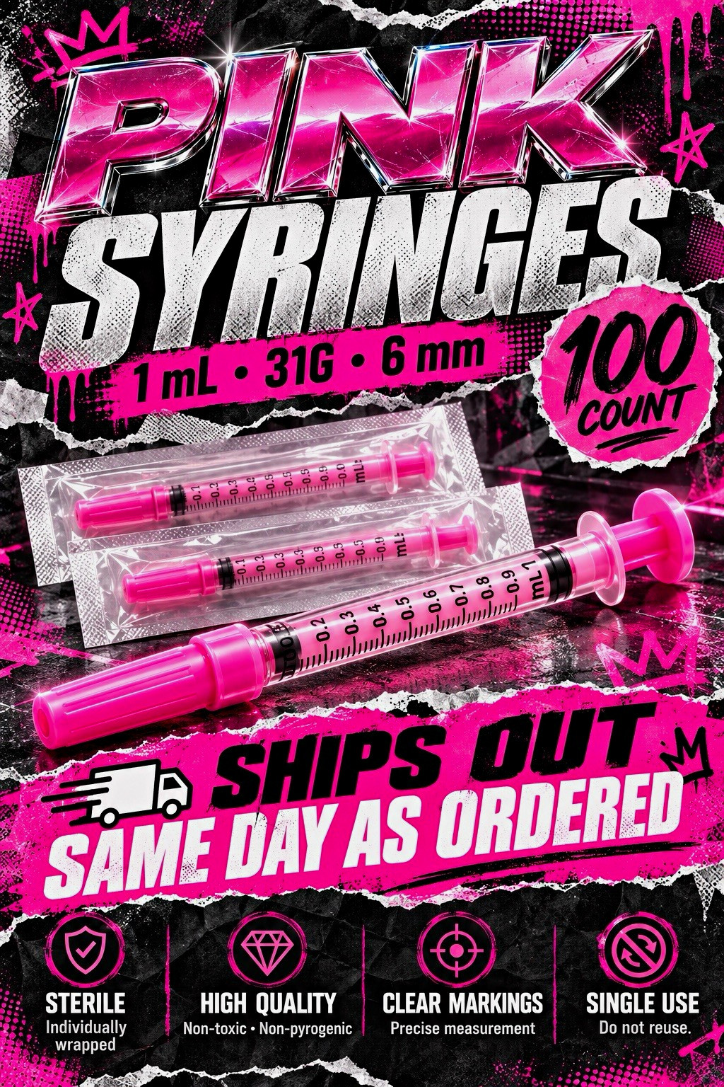 Pink 1mL 31G 6mm 100 pack box
