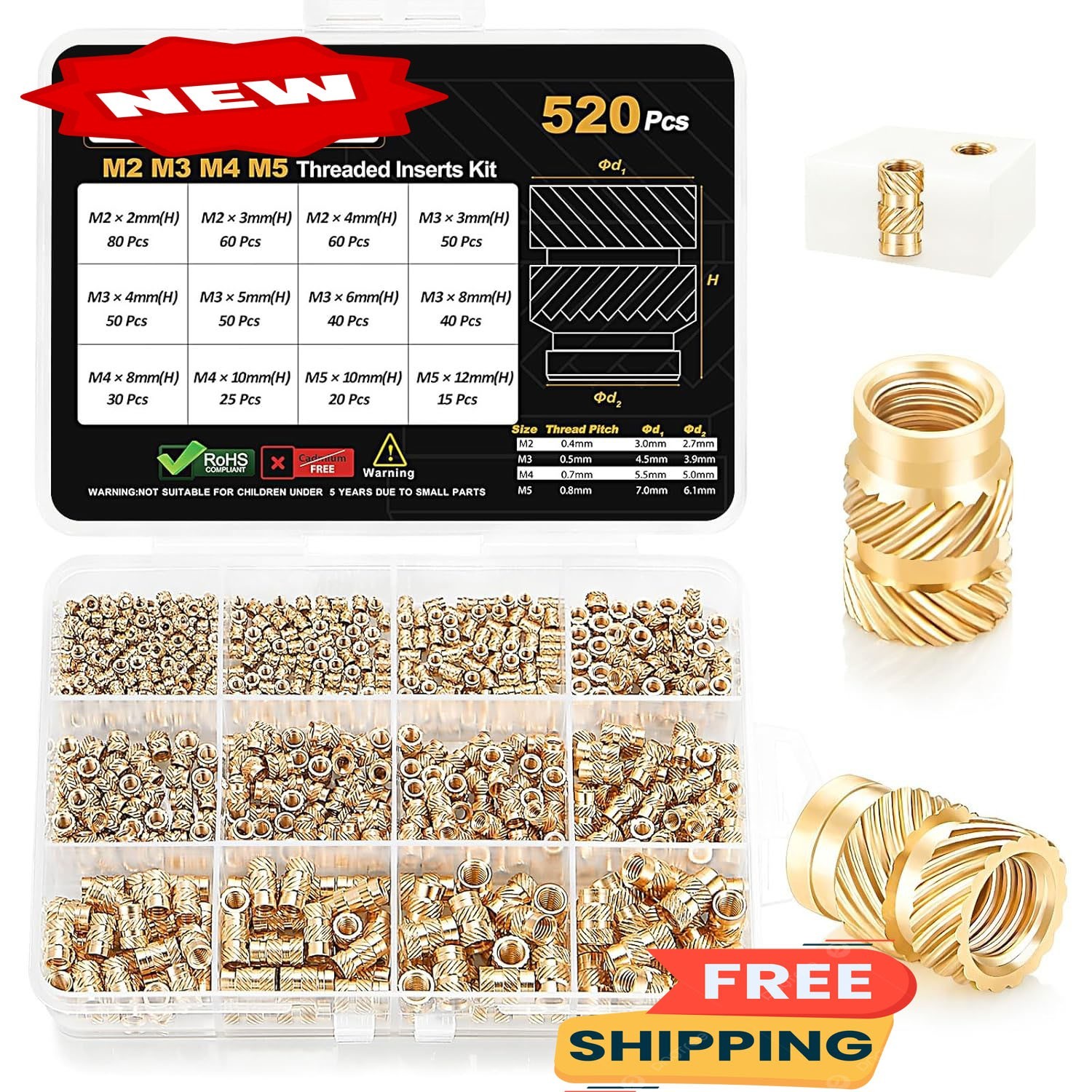 Kit surtido de inserciones roscadas M2 M3 M4 M5 de 520 piezas para componentes d