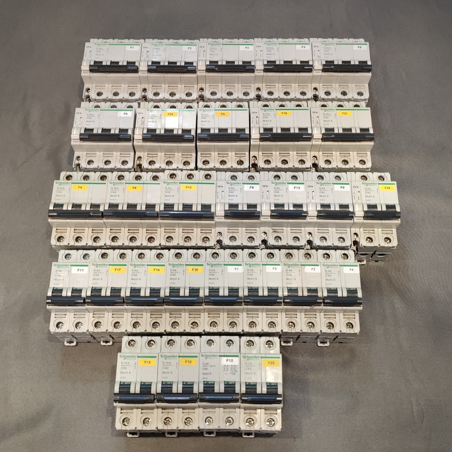 Lot of 29 Schneider Multi-9 Breakers C 60 - D20A, D10A, D25A, D2A, D6A, D4A, C2A