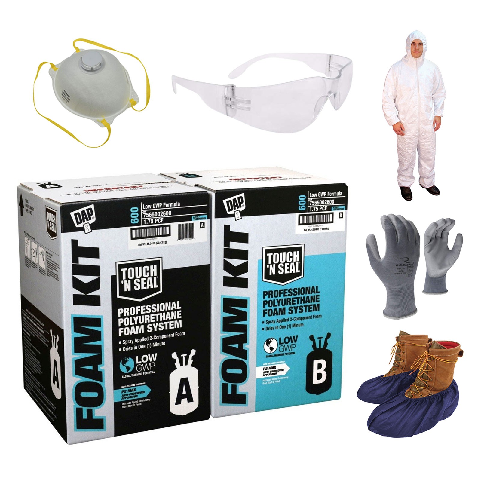 Touch N Seal Foam Kit 600GWP & PPE Coveralls Gloves Glasses Boot Covers and Mask