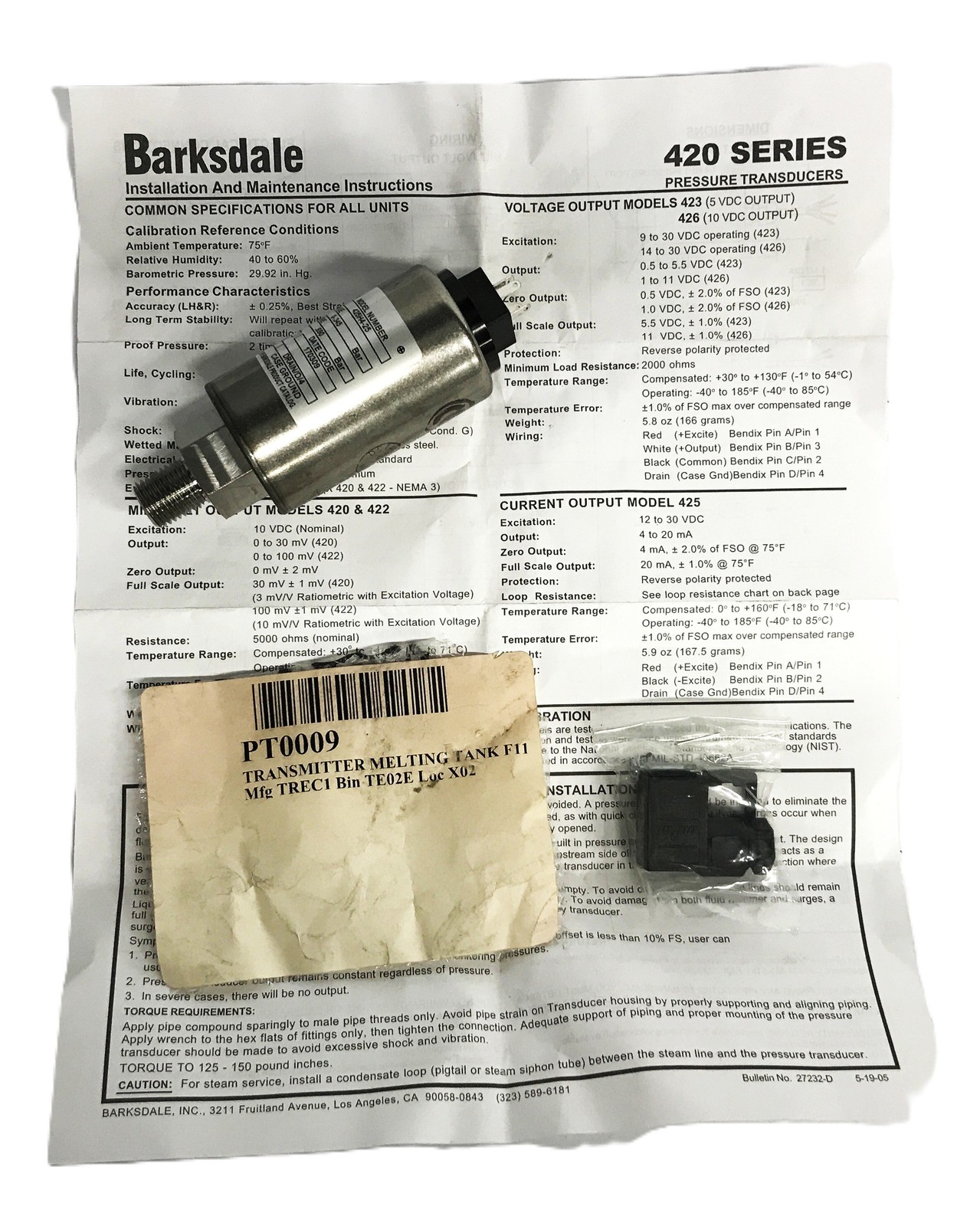 Barksdale 420 Series Transducer 425H4-25 NOS Barksdale 420 Series Transducer 425H4-25 NOS