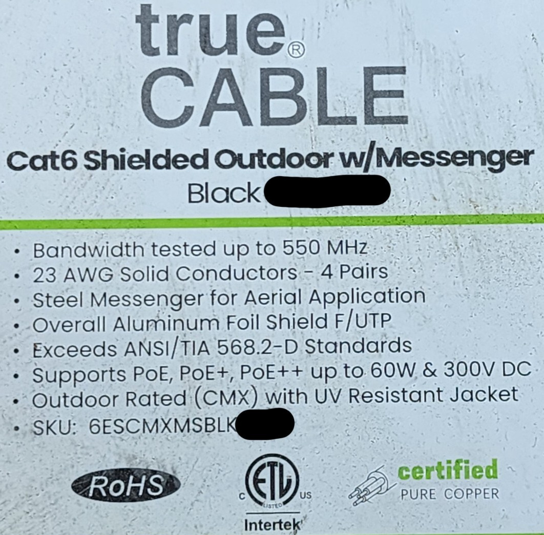 trueCable 23/4P F/UTP Shielded Aerial Cat6 Network Cable w/ Messenger CMX /50ft