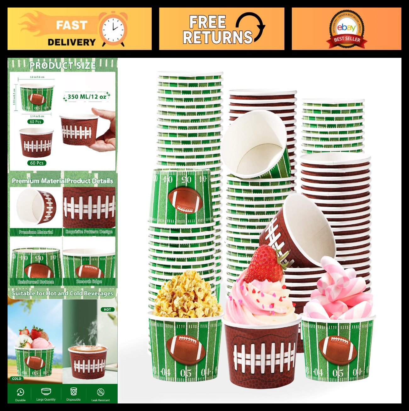 120 Pcs 12oz Football Ice Cream Cups - Perfect for Hot & Cold Food, Party Suppli
