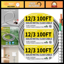 100FT 12/3 MC Cable - Solid Copper Wire, Aluminum Armor, Electrical Wiring, Heav picture