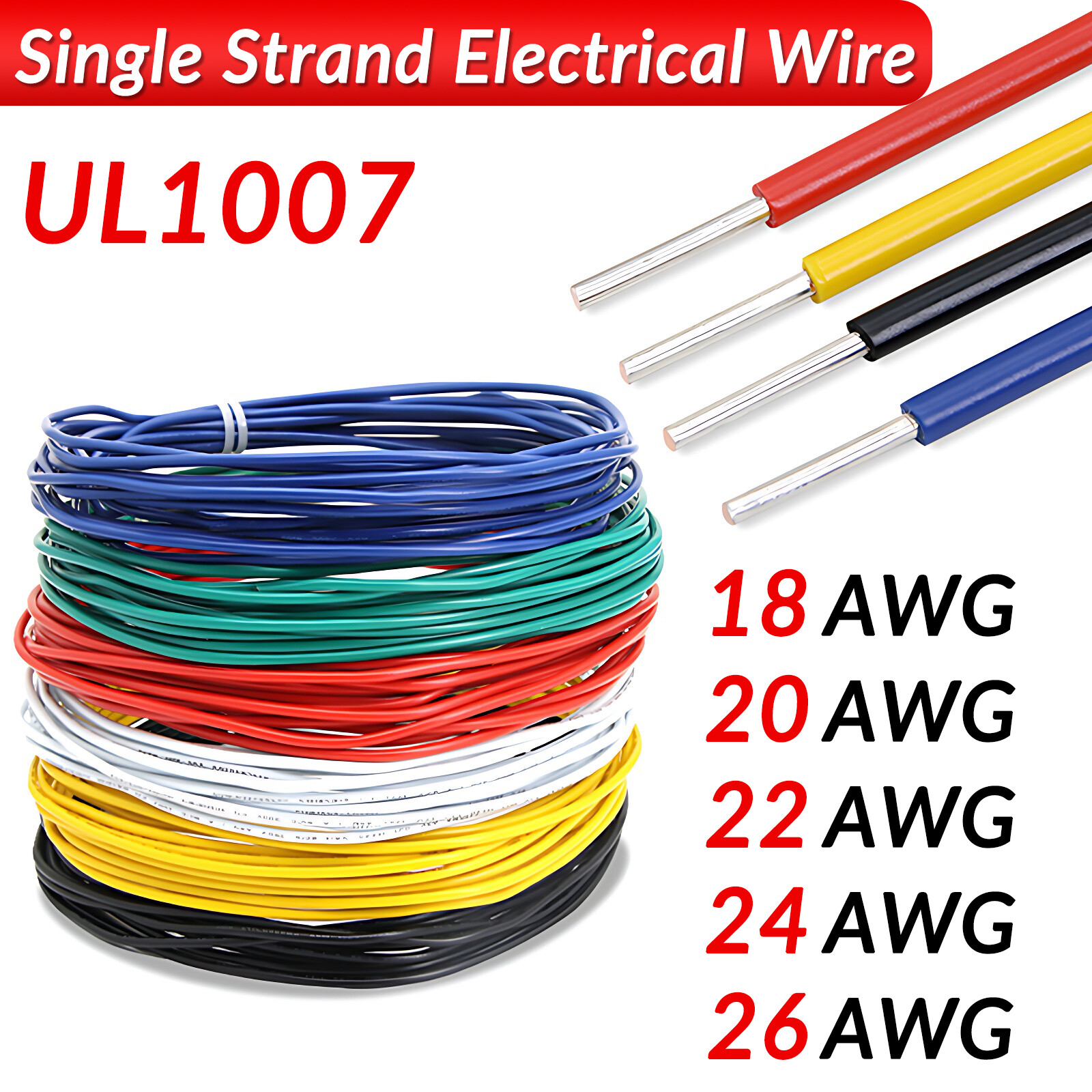 Single Core Single Strand Cable 18AWG~26AWG Electronic Wire Tinned Copper UL1007