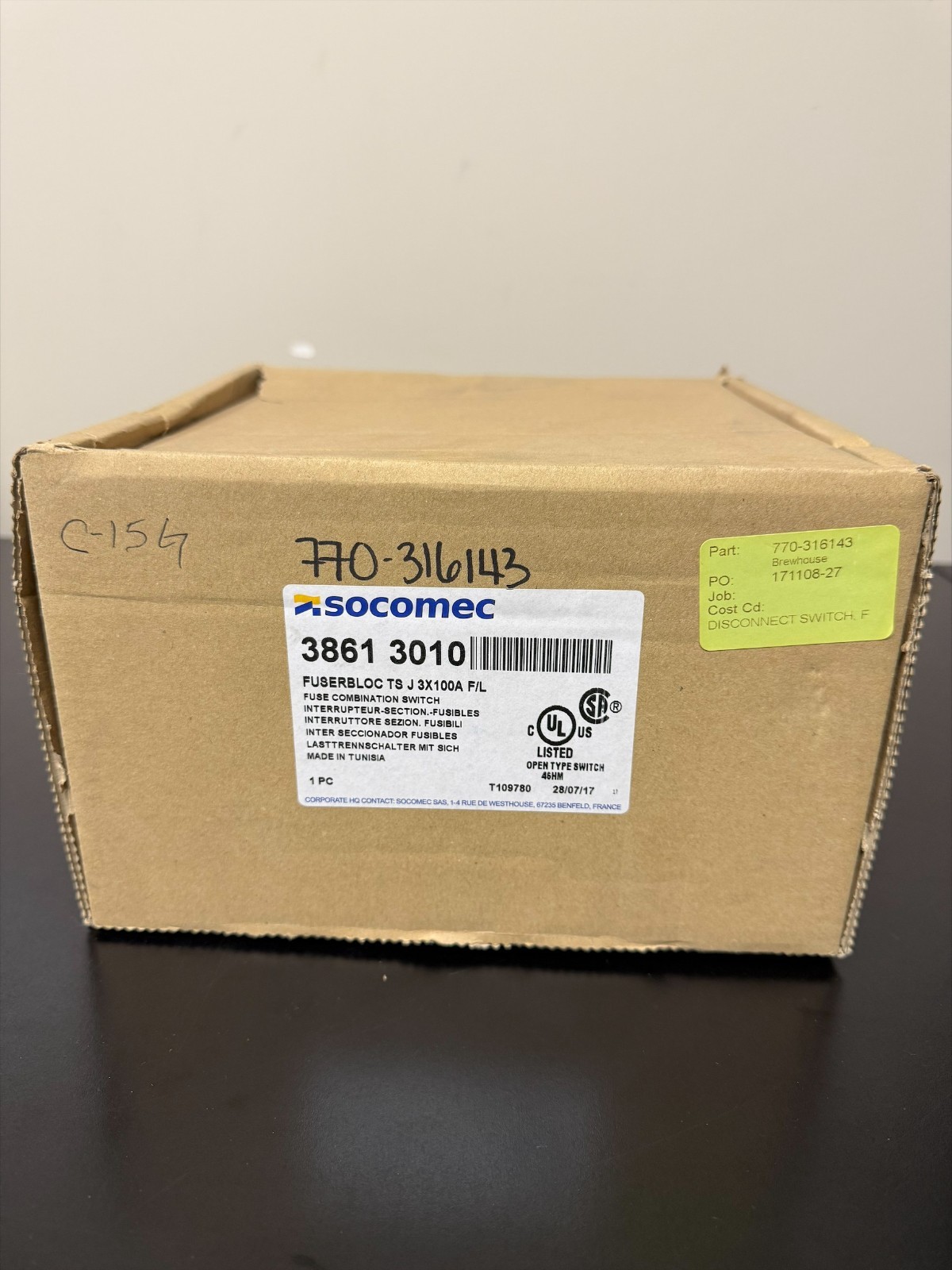 Socomec 38613010 FUSERBLOC 100A 3-Pole 600V Class J Fusible Disconnect *NEW*