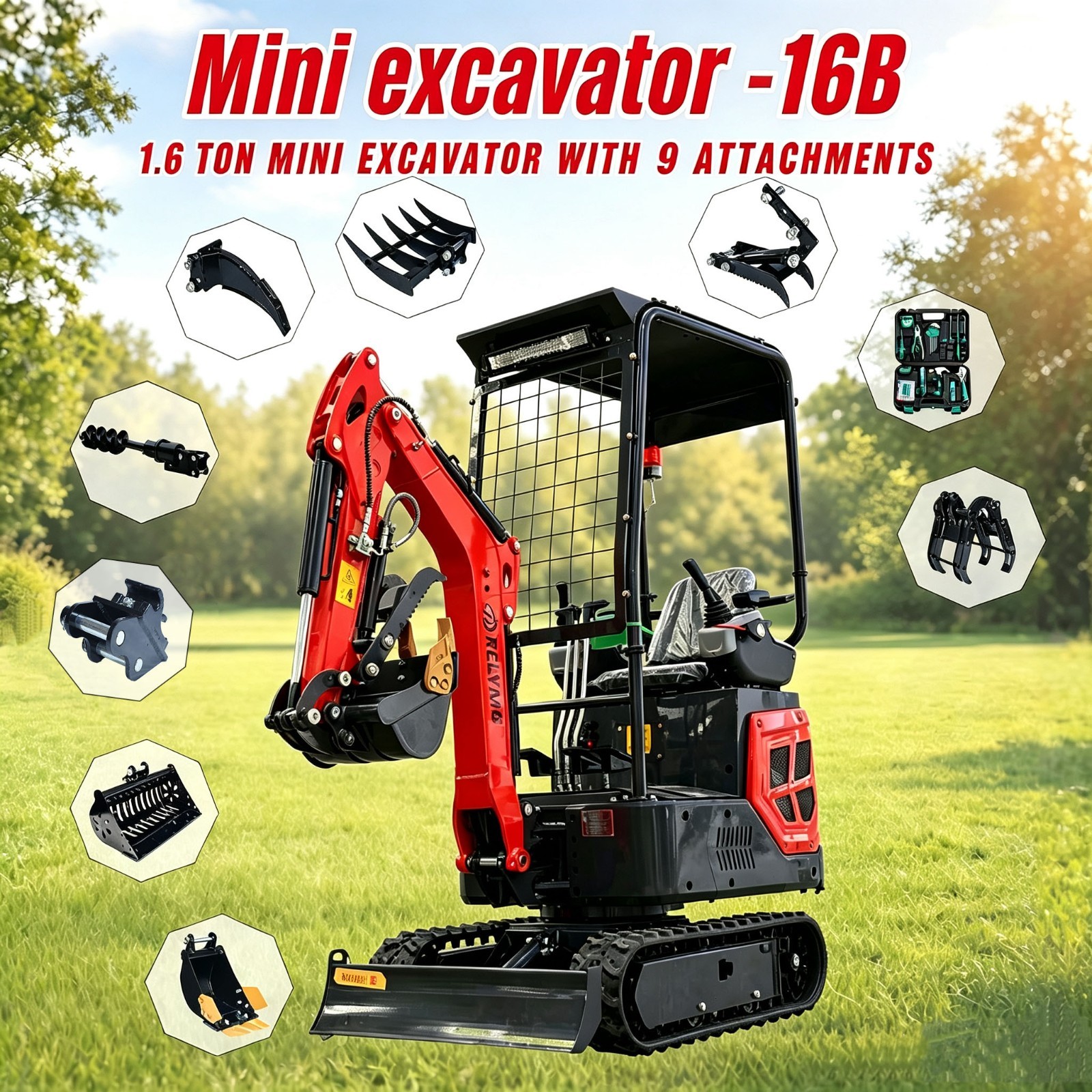 1.6T Mini Excavator 13.5HP Briggs Stratton EPA Gas, , 9 Attachments