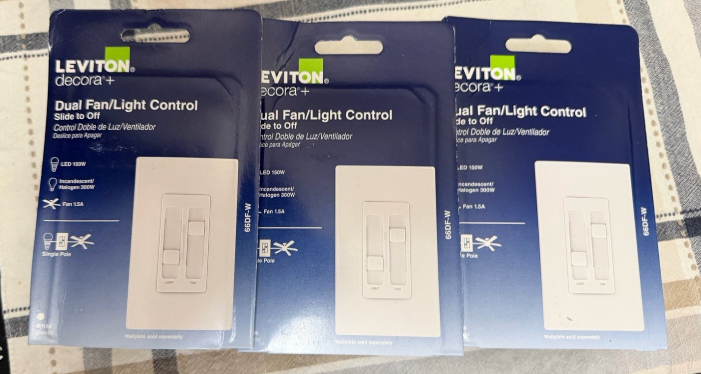 Leviton Decora SureSlide White Dual Fan/LED Dimmer Slide Switch 66DF-W (3-PACK)