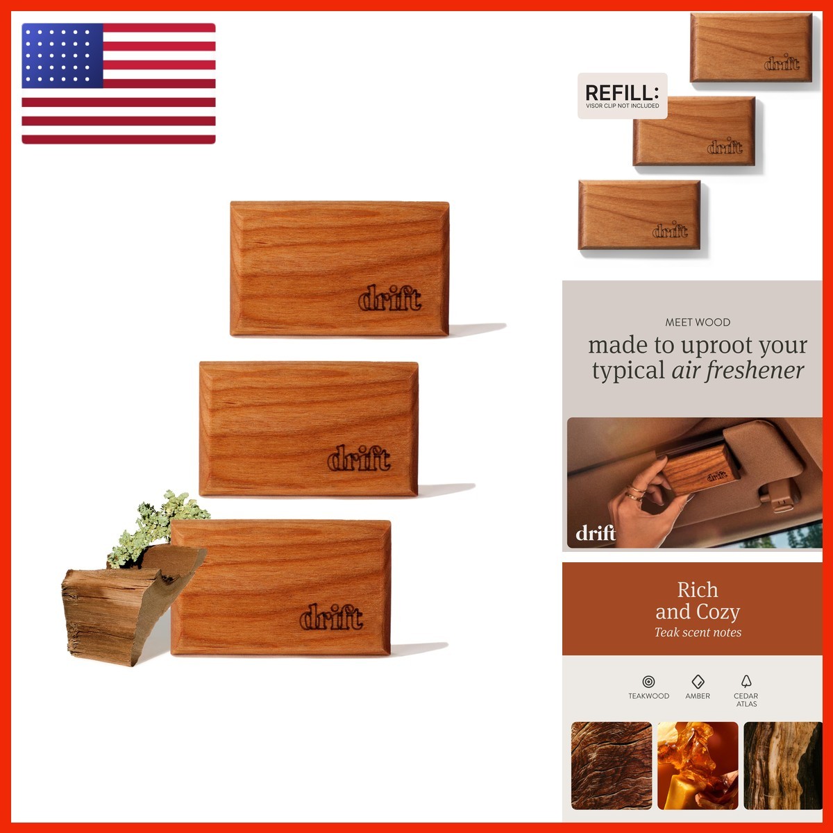 Drift Car Air Freshener Teak Scent 3 Pack Refill - NO CLIP INCLUDED