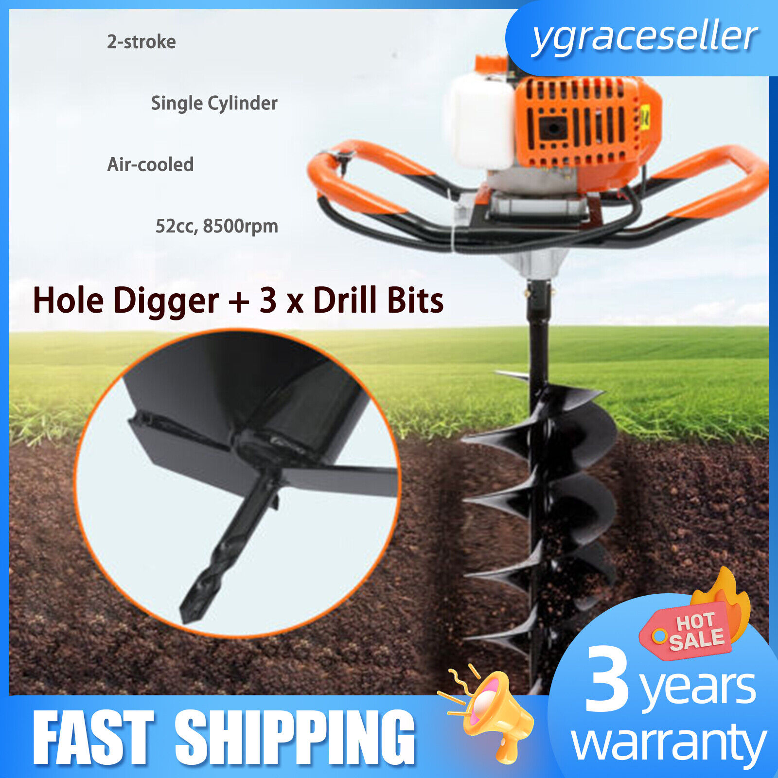52CC Gas Powered Post Hole Digger With 4'' 6'' 8''Auger Drill Bits 2 Stroke