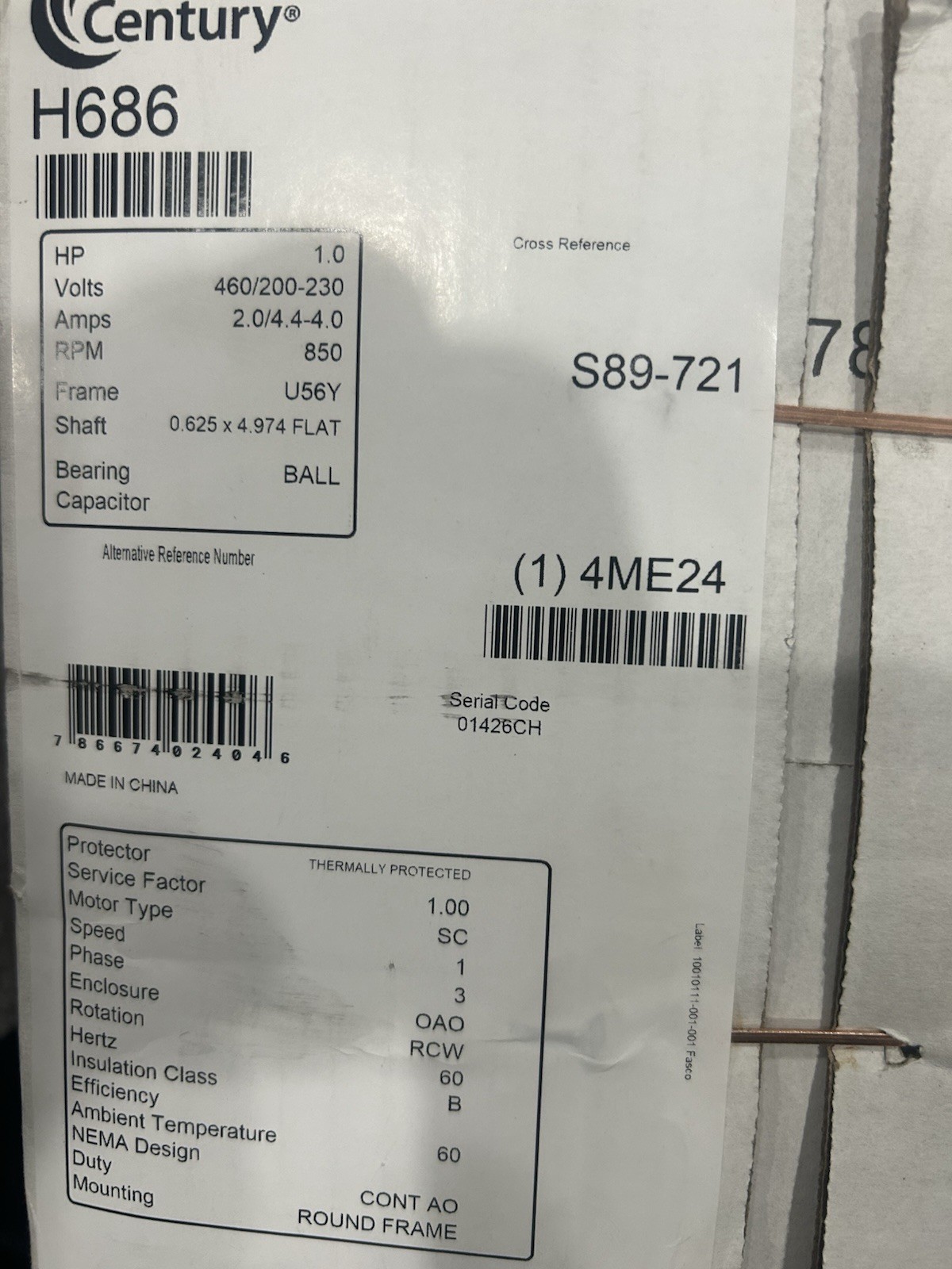 Century H686 Condenser Fan Motor, 1 Hp