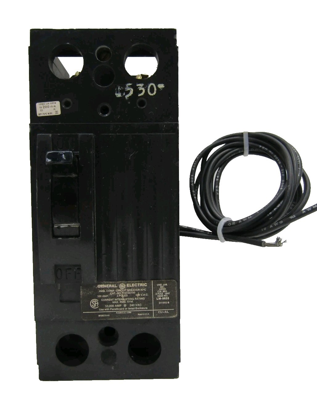 GE TQD22100ST1  / TQDST1 2 POLE  100 AMP  TYPE TQD SHUNT TRIP CIRCUIT BREAKER 