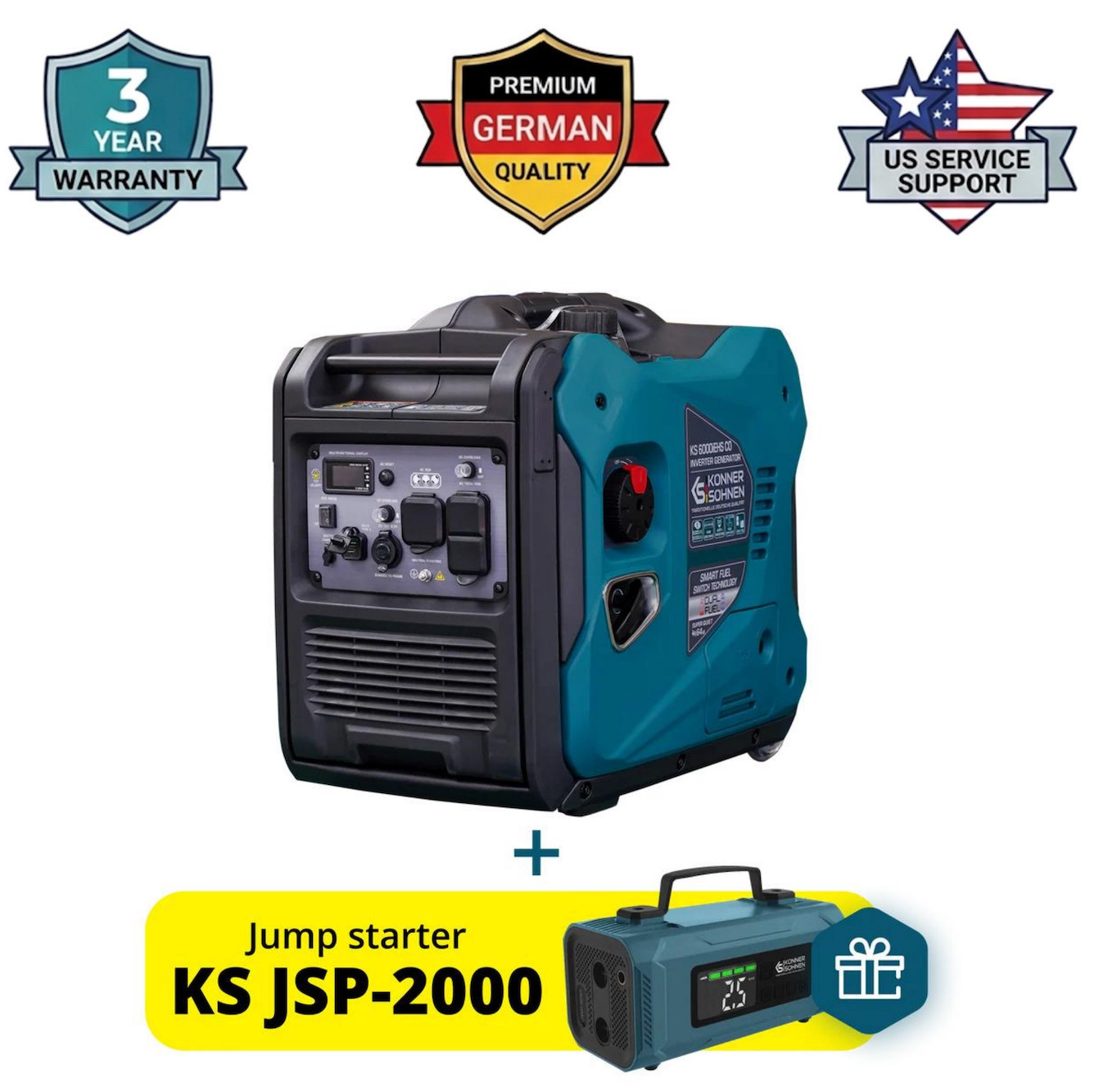 Konner & Sohnen KS6000iES 6000W Gas Quiet Inverter Generator  Free Jump Starter