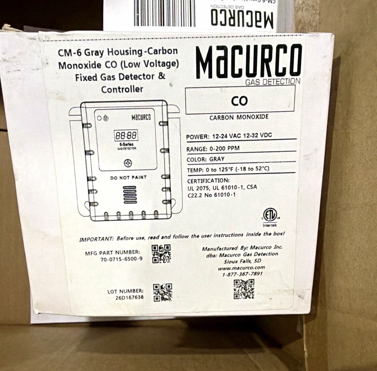Macurco CM-6 Low Voltage CO Carbon Monoxide Fixed Gas Detector & Controller