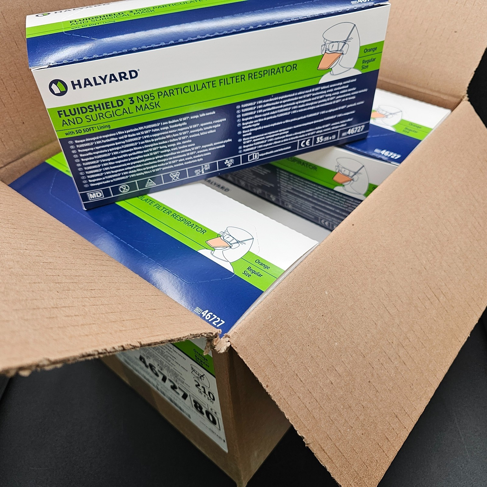 (2 Boxes of 35) 70 Count Halyard 46727 FluidShield 3 Face Masks  Sealed 10-2025