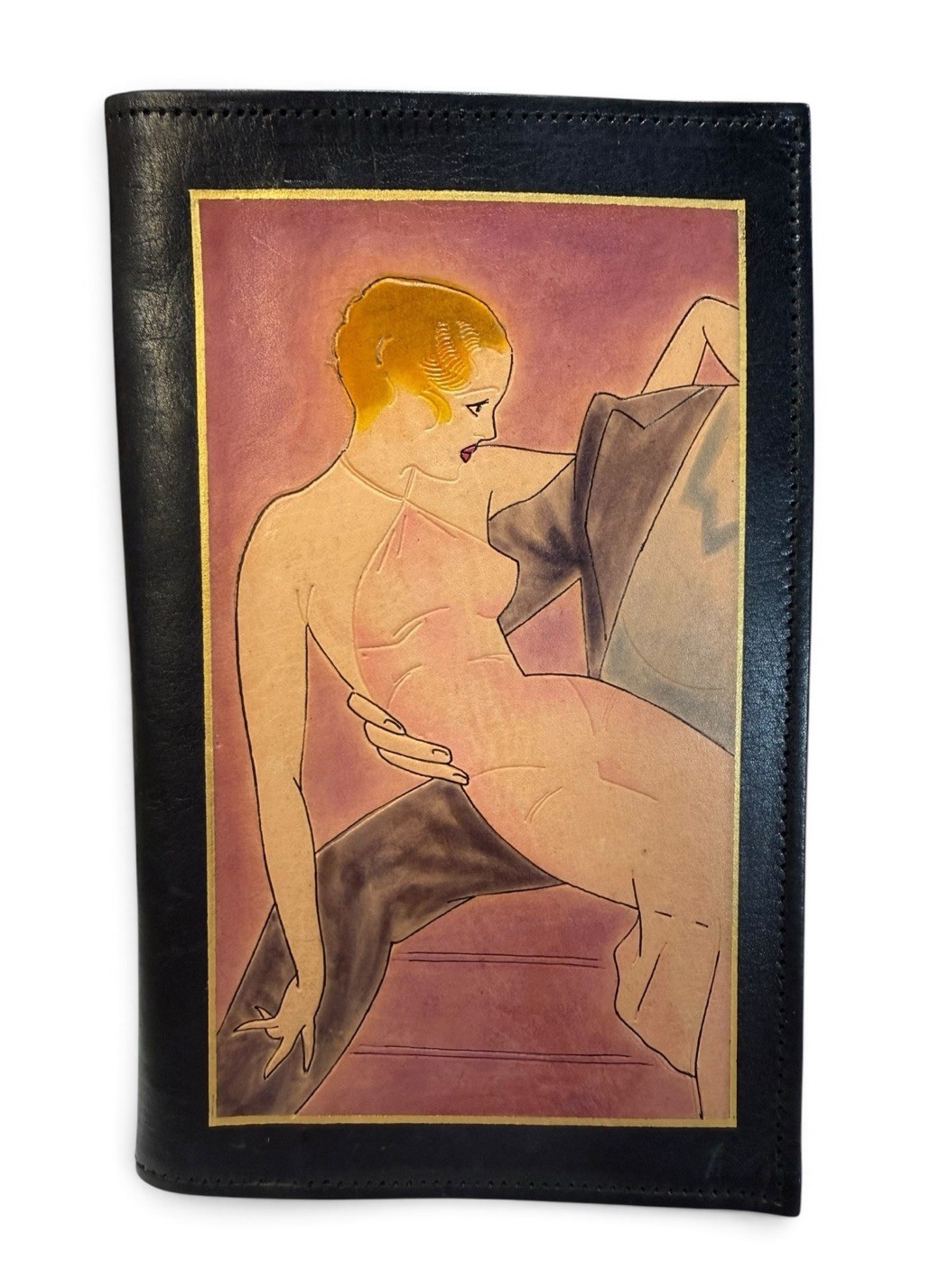 Vintage 70s Art Deco Revival Leather Planner Address Book Cover Flapper Woman