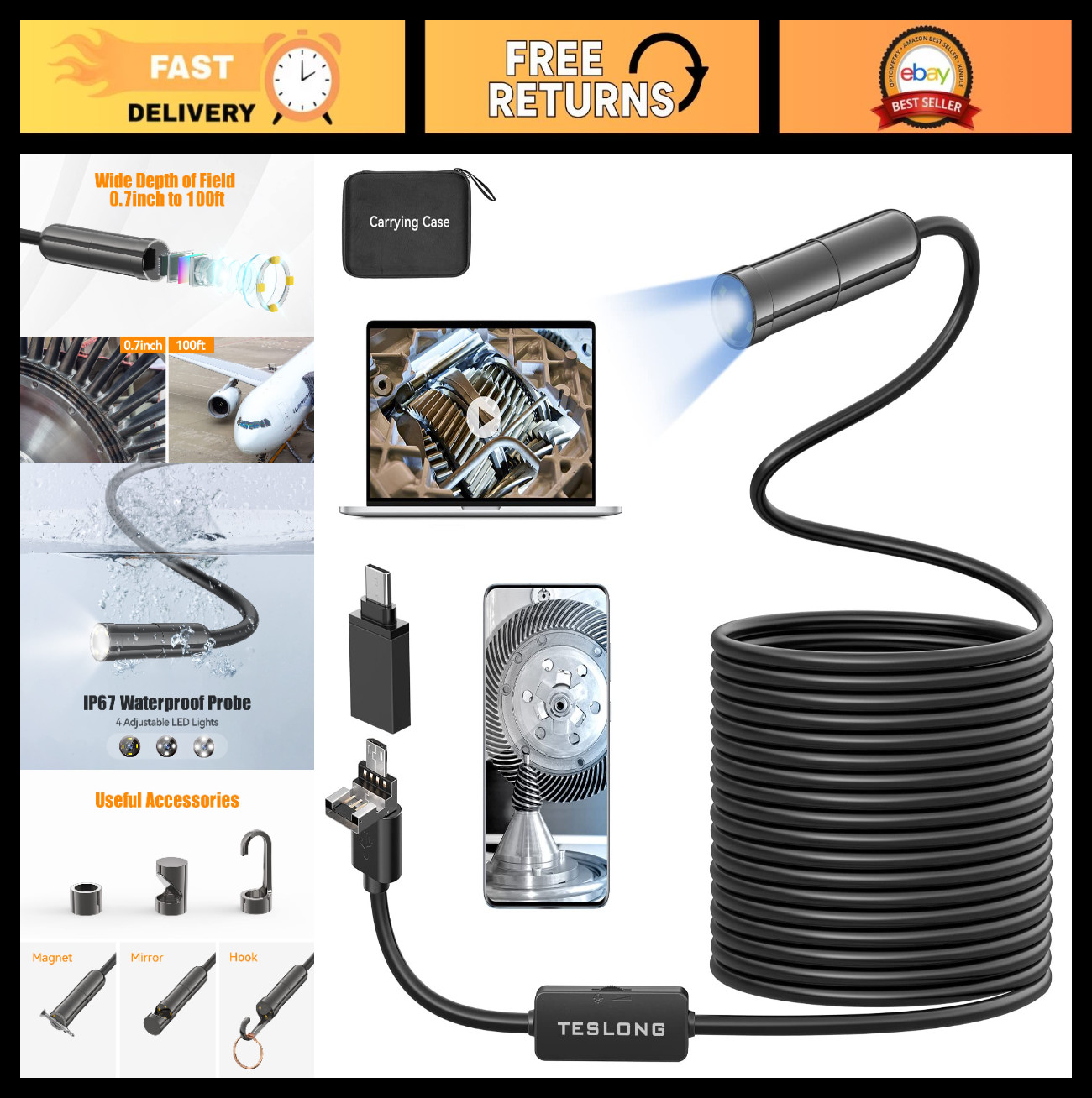 5MP Auto-Focus Endoscope Camera, 16.5ft Waterproof Borescope with LED Lights for