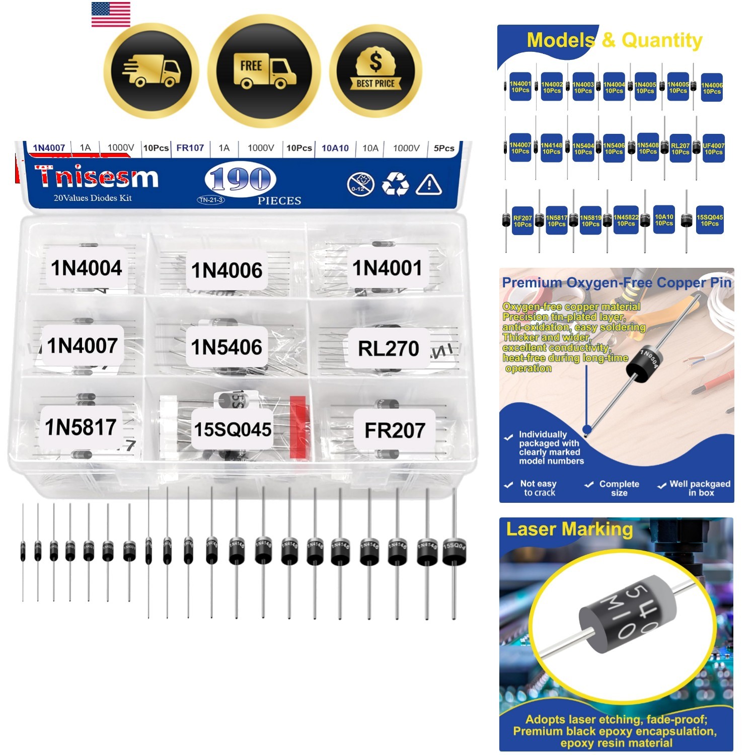 20Values Diodes Kit 1N4001 1N4002 1N4003 1N4004 1N4005 1N4006 1N4007 1N4148 1...