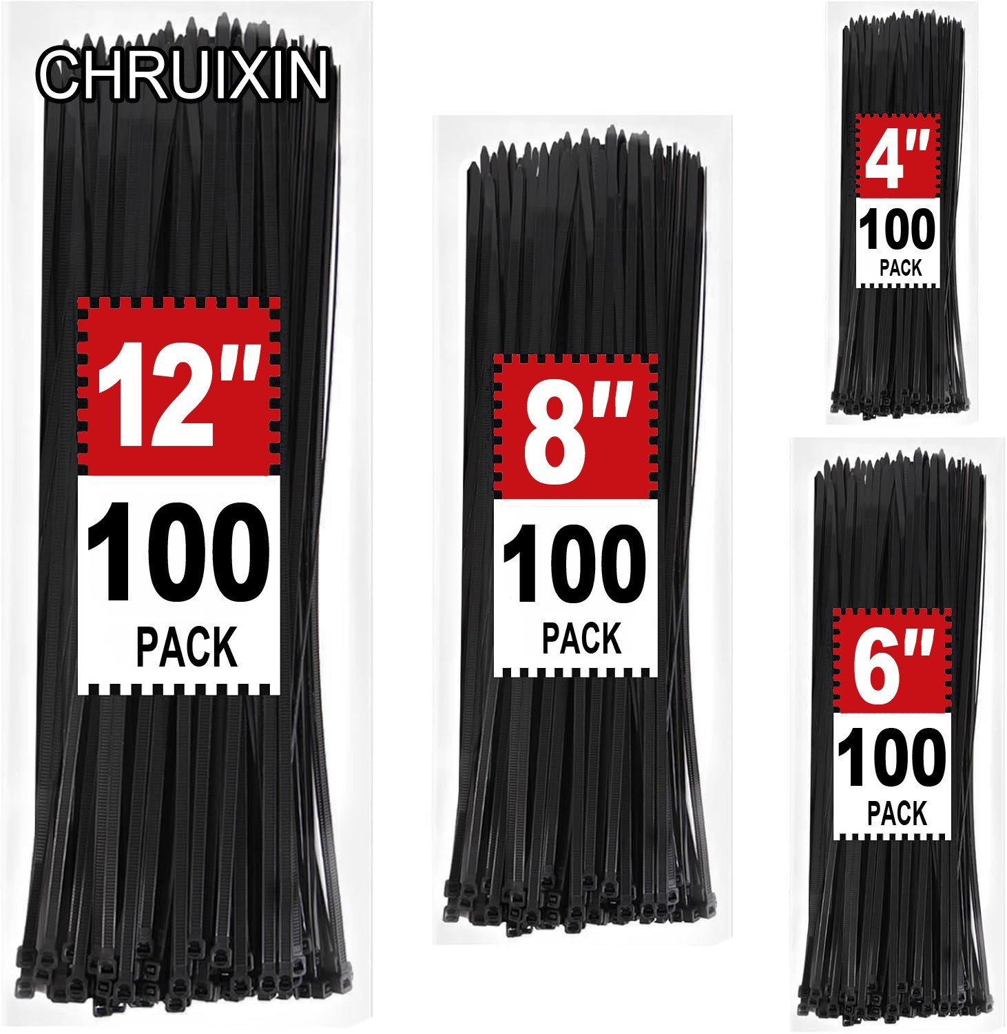 Zip Cable Ties Assorted Sizes(4”+6”+8”+12”) Heavy Duty Nylon Black UV Resistant Zip Cable Ties Assorted Sizes(4”+6”+8”+12”) Heavy Duty Nylon Black UV Resistant