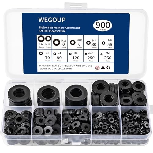 900 Piece Nylon Flat Washer Assortment Kit Black Plastic Flat Washers
