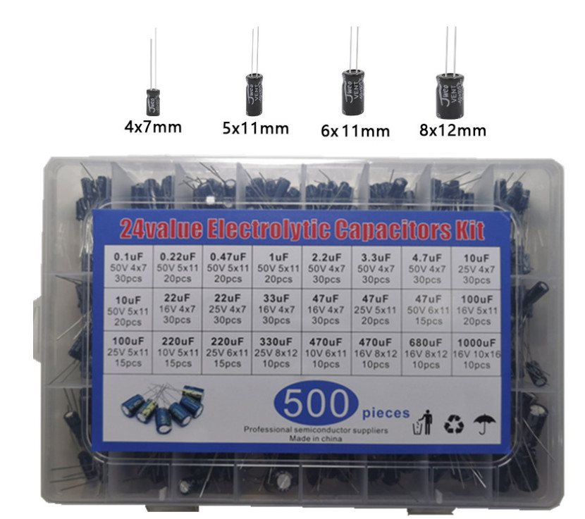 500pc Radial Electrolytic Capacitor Assortment Kit 24 Value 0.1uF-1000uF 10V-50V 500pc Radial Electrolytic Capacitor Assortment Kit 24 Value 0.1uF-1000uF 10V-50V