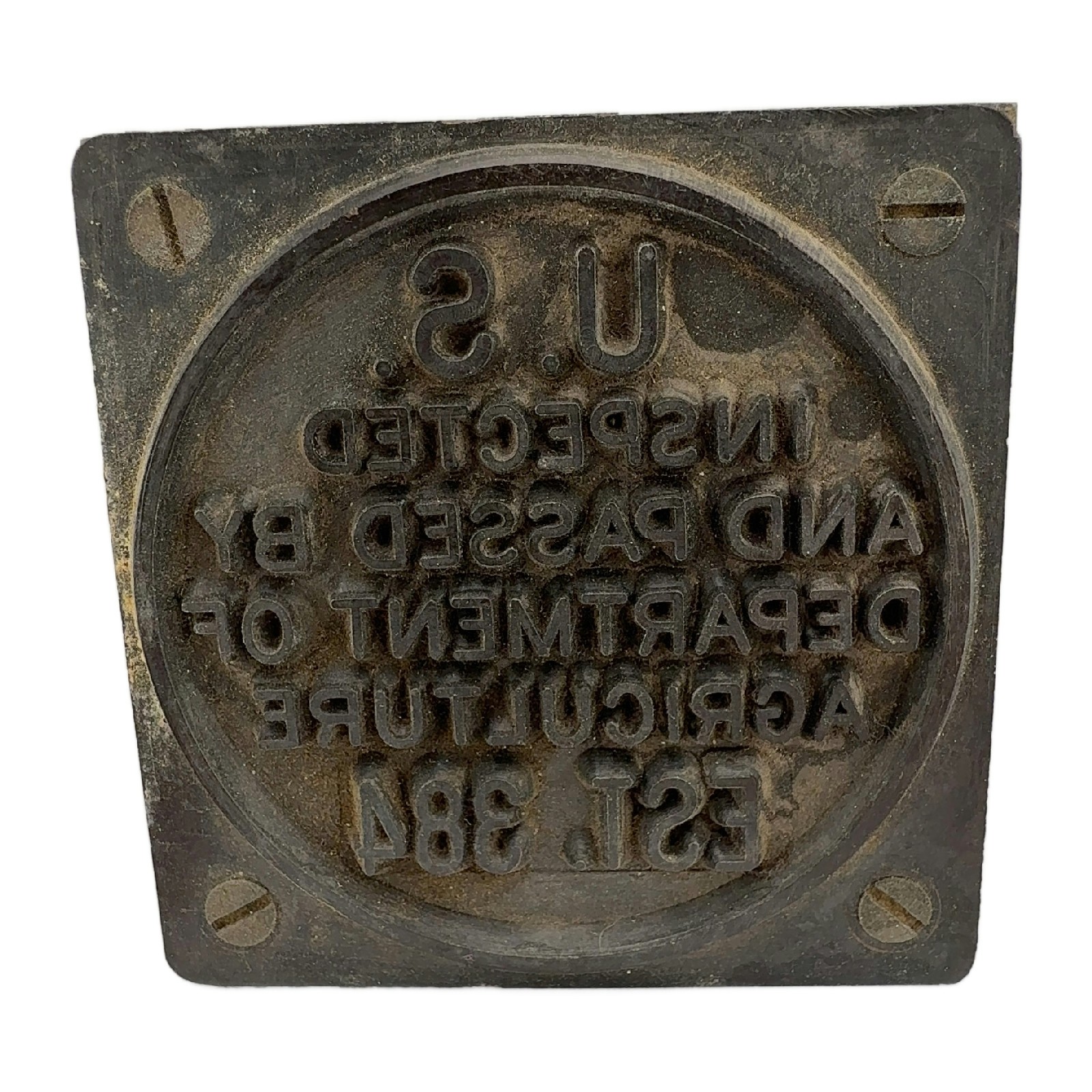 Vintage USDA Meat Inspection Marking Die Est. 384 Inspected Passed Box Stamp