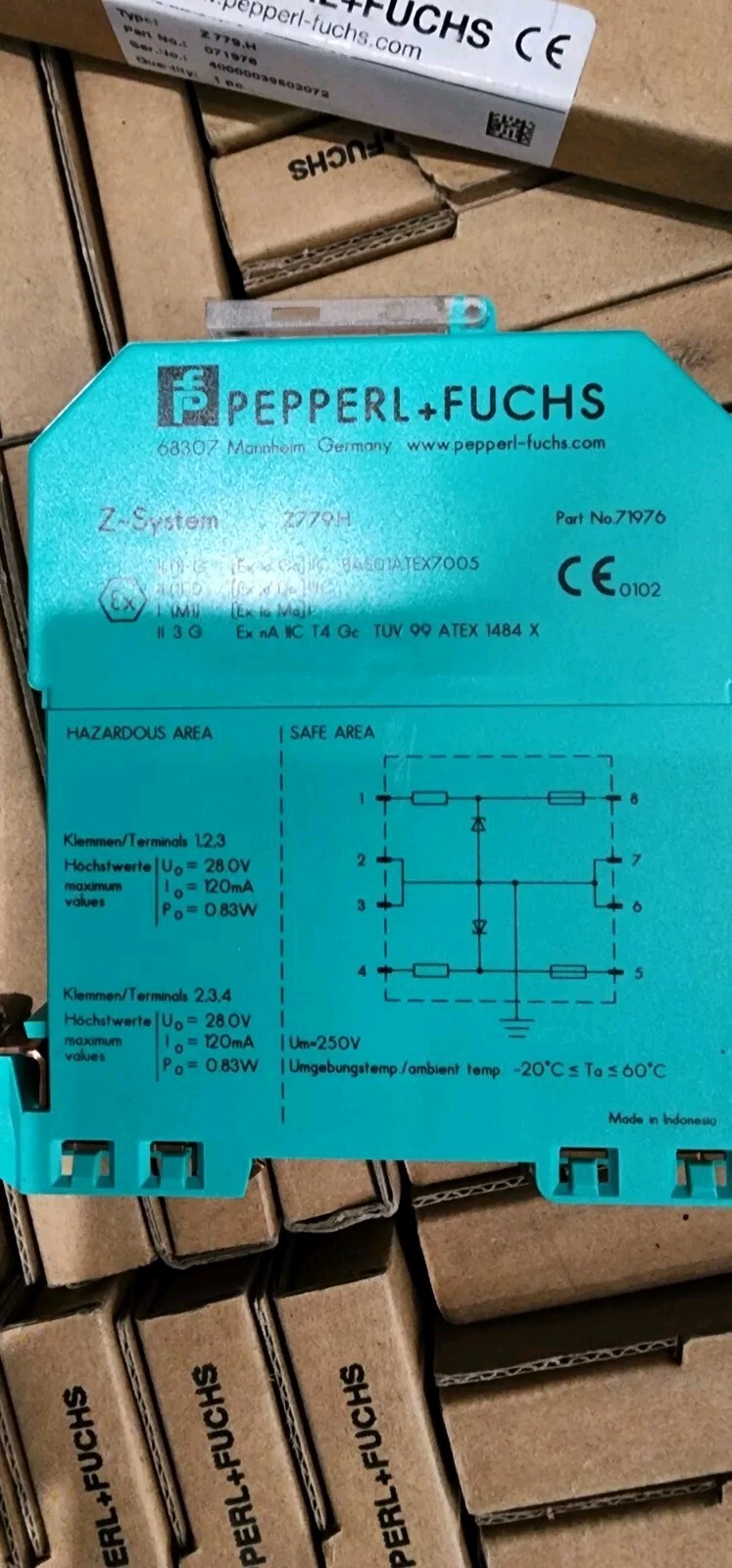Pepperl+Fuchs Z779.H.F Two Channel Zener Barrier with replaceable fuses. Pepperl+Fuchs Z779.H.F Two Channel Zener Barrier with replaceable fuses.