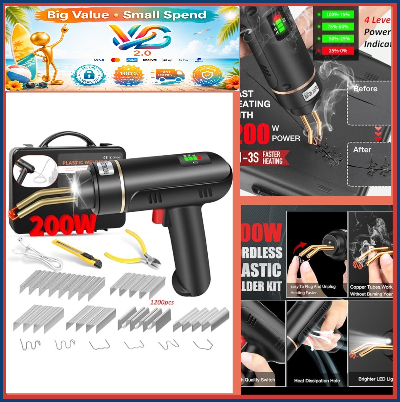 Cordless 200W Plastic Welder Kit 1200PCS Hot Staples USB Rechargeable Car