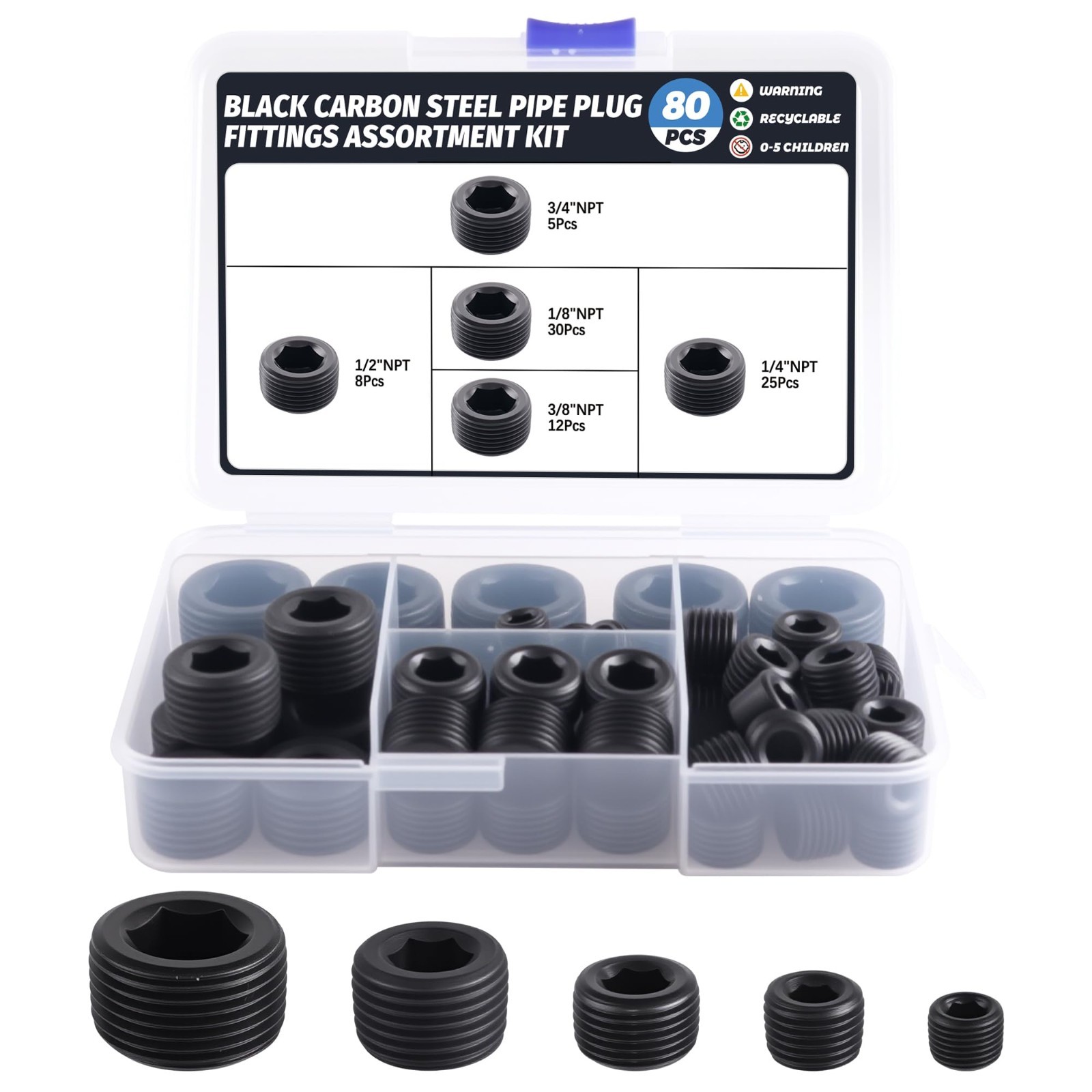 80Pcs Black Carbon Steel Pipe Plug Fittings Set, 5 Sizes, Durable & Versatile