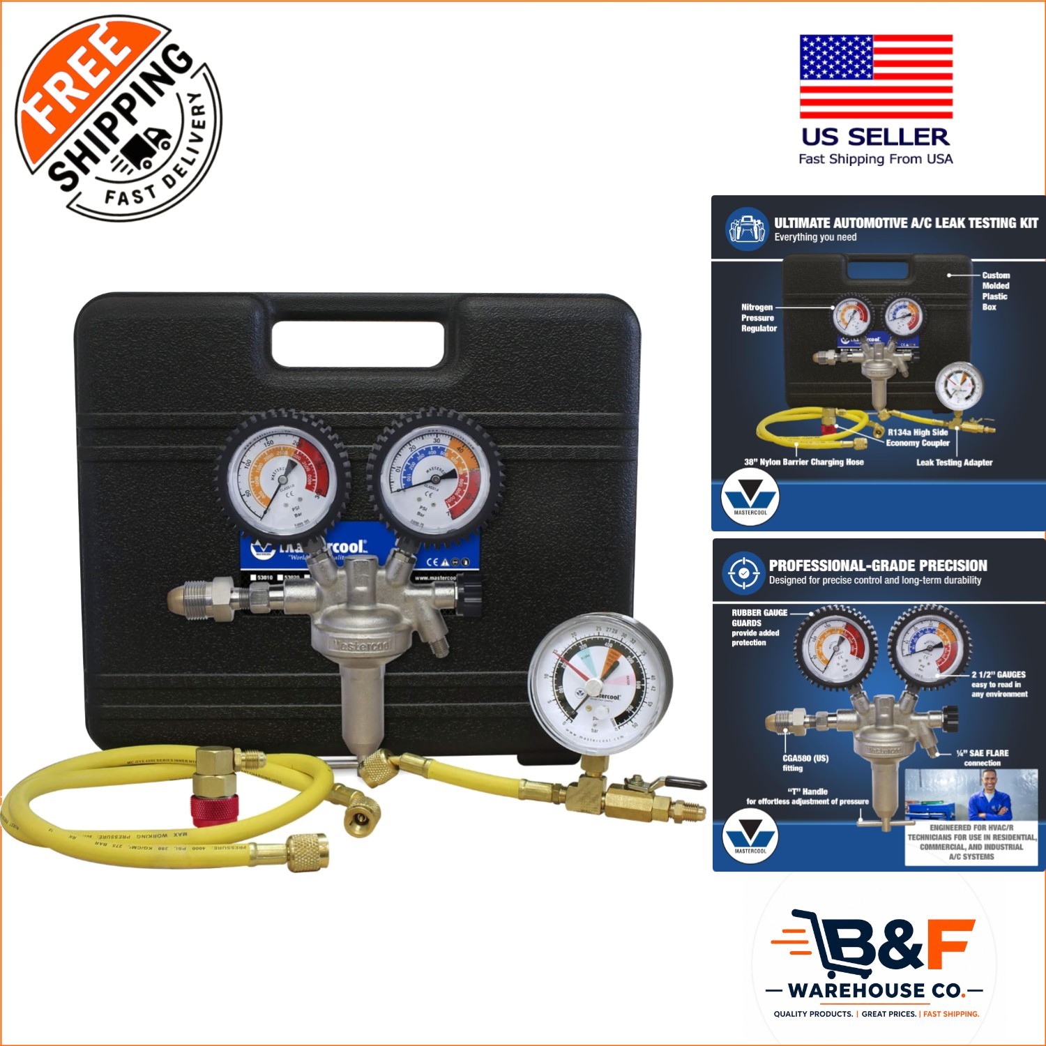 Complete Automotive A/C Pressure Testing Kit: 53001 Regulator, R134a Coupler