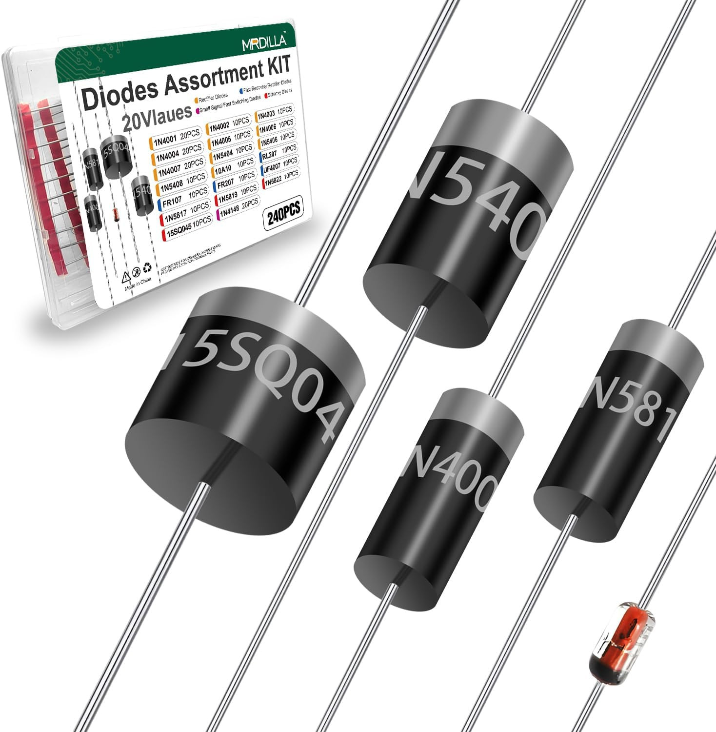 240PCS Diode Assortment Kit, 20 Values Rectifier & Schottky Diodes