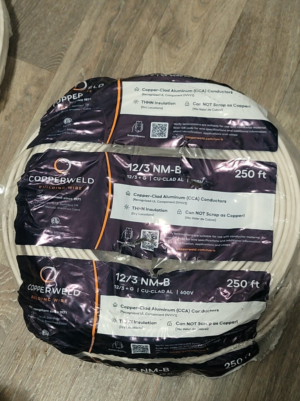 12/3 COPERWELD  COPER CLAD aluminium electrical wire  250FT