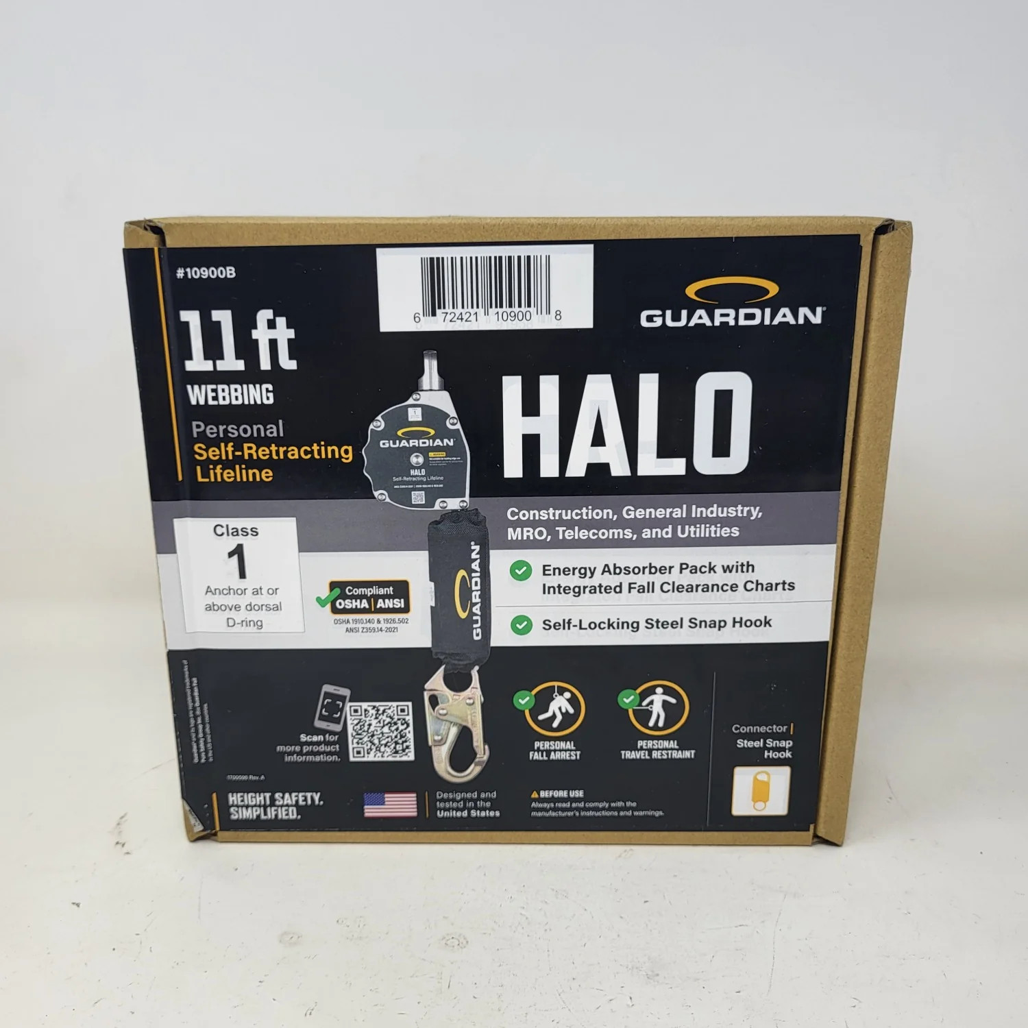 New Guardian Halo 11 ft Webbing Personal Self-Retracting Lifeline 10900B SRL