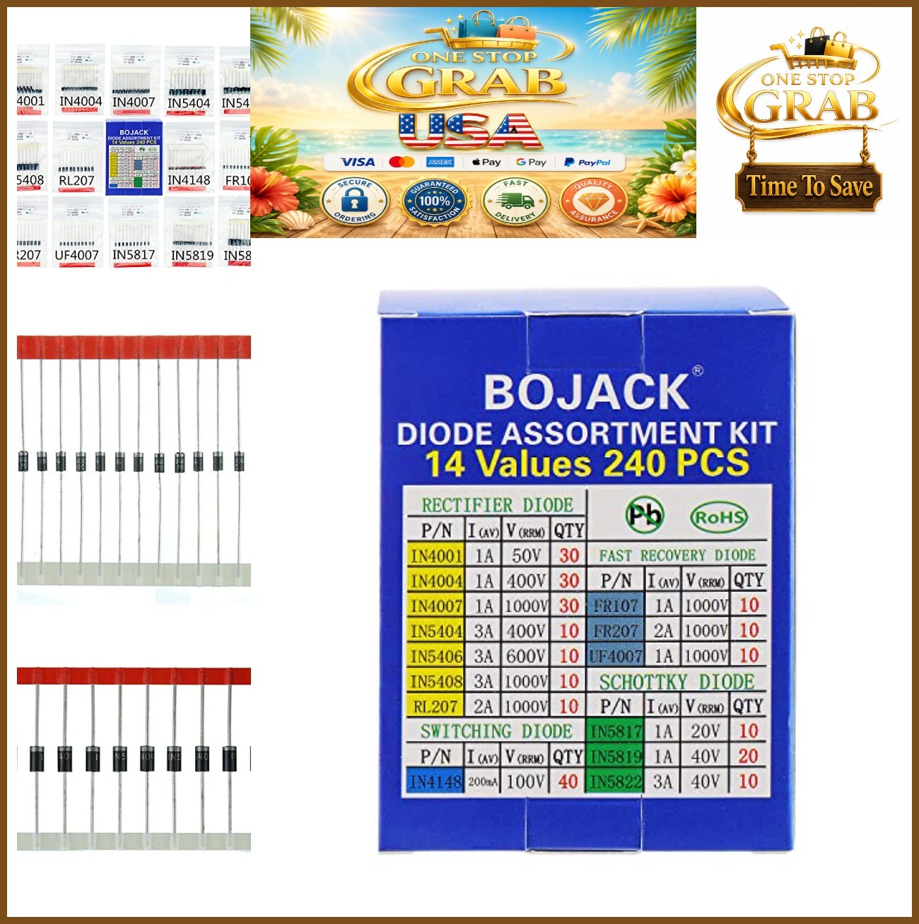 Diode Assortment Kit 240 Pieces 14 Values Rectifier Fast Recovery Schottky