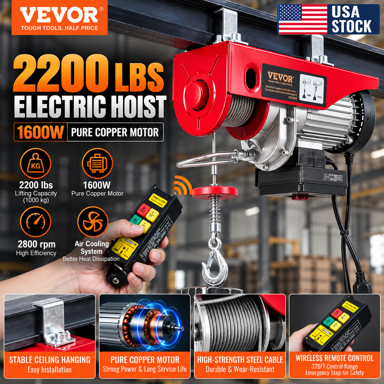 Electric Hoist 2200 lbs Wireless Remote AUTHENTIC VEVOR 1600W 220V Crane Lift US Electric Hoist 2200 lbs Wireless Remote AUTHENTIC VEVOR 1600W 220V Crane Lift US