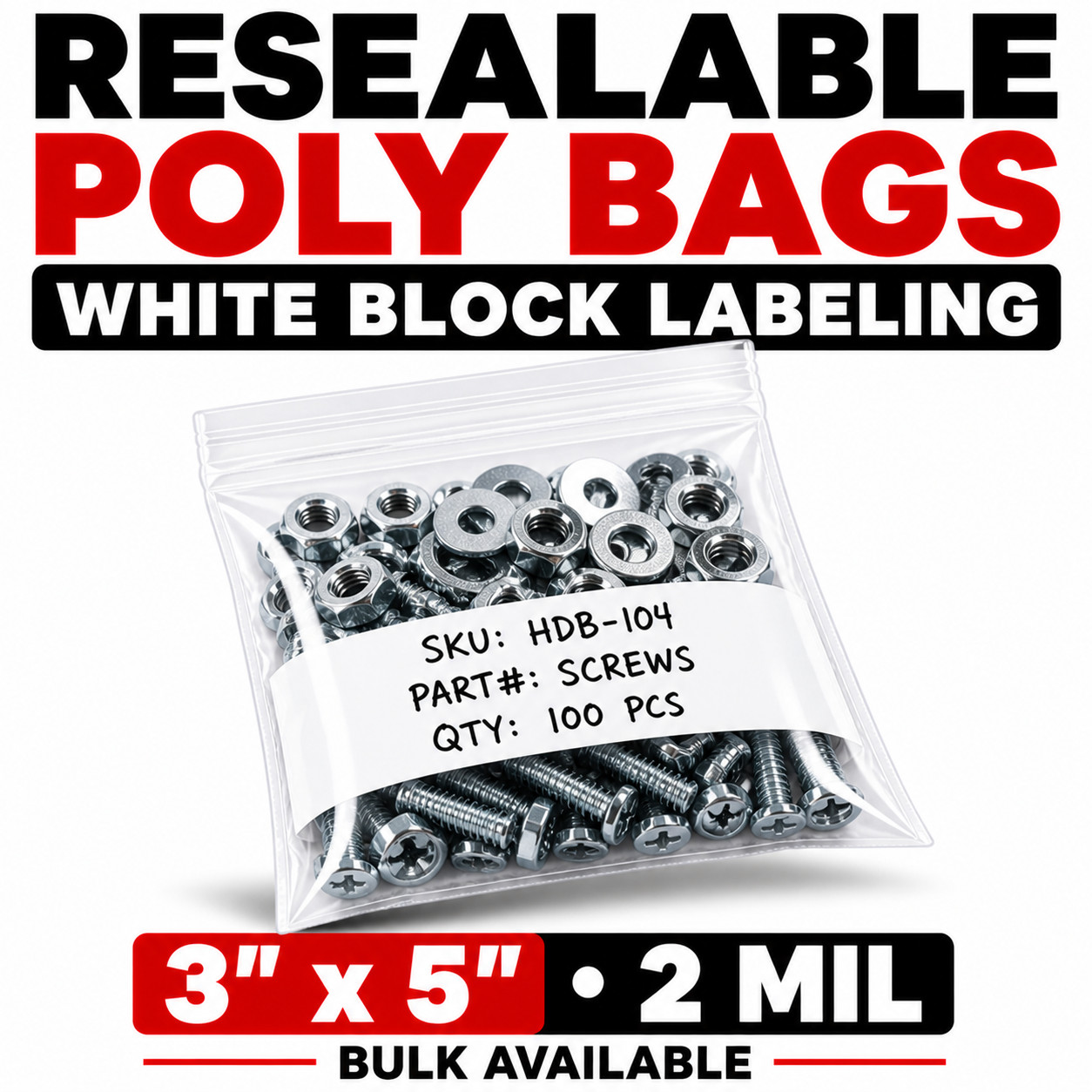 3x5 Clear Zip Poly Bags 2 Mil Reclosable White Block Bulk 1000 2000 3000 5000