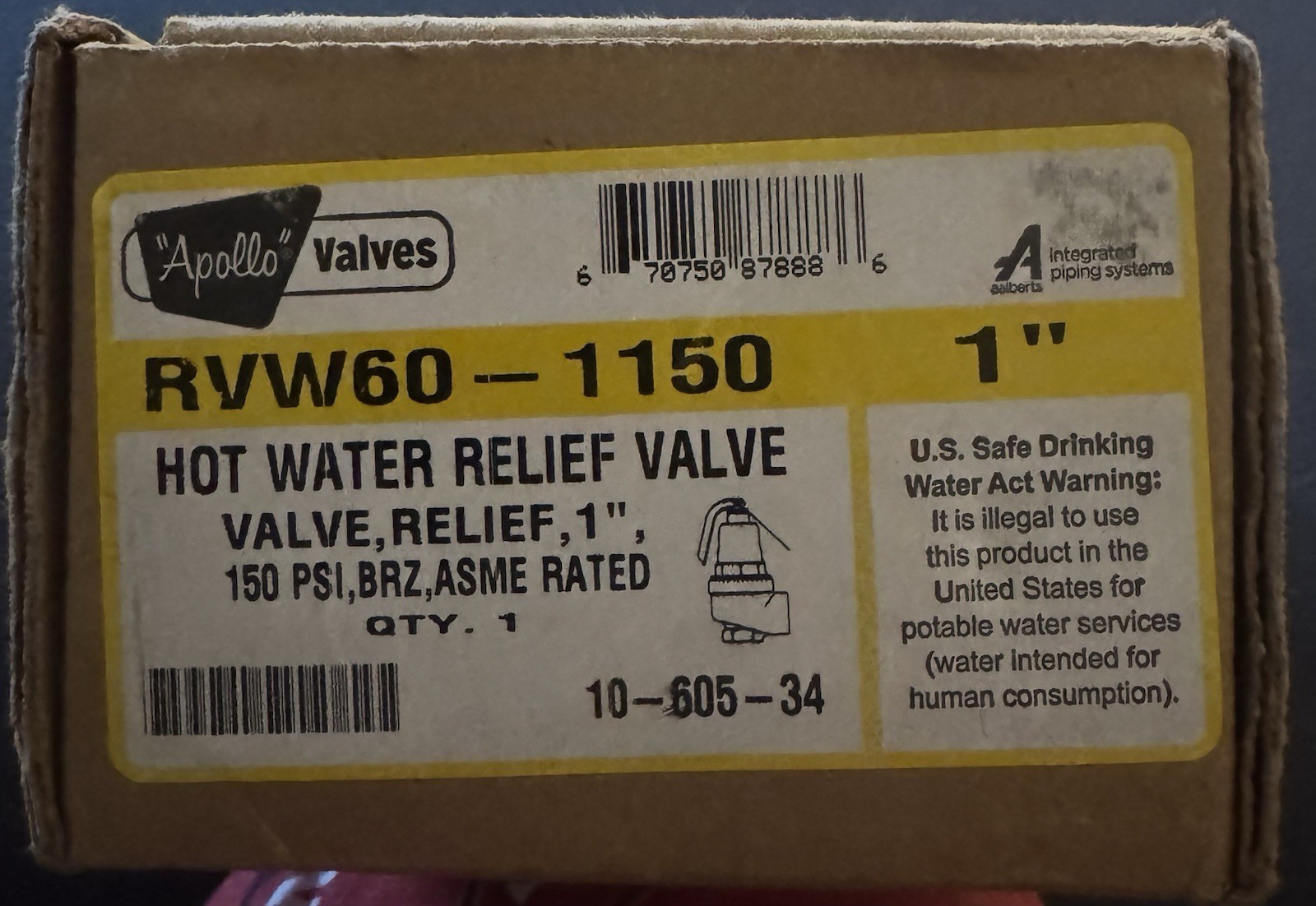 Apollo RVW60-1150 1” Hot Water Relief Valve. 150 Psi