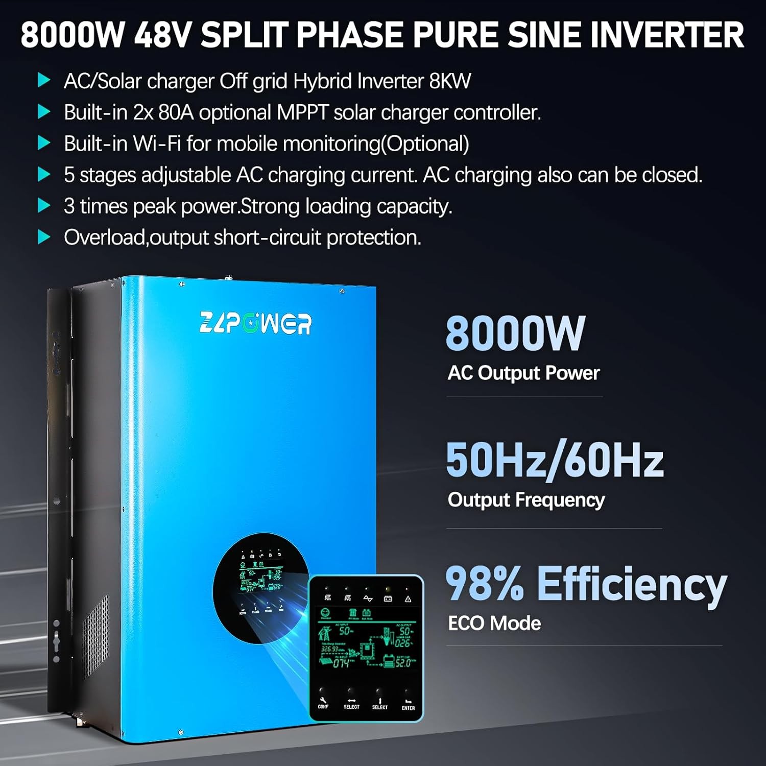Pure Sine Wave Inverter DC 48V Solar Hybrid Inverter Built-in 2 MPPT Controllers