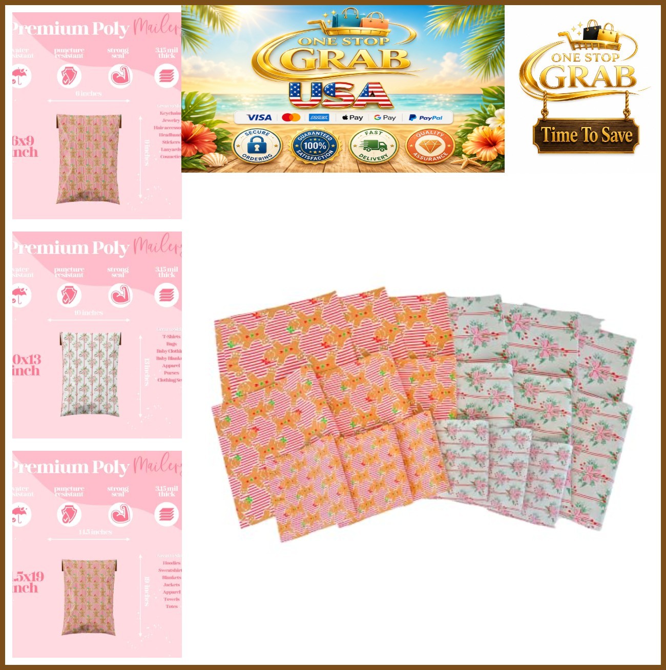 Christmas Poly Mailers Variety Pack 18 Bags 6x9 10x13 14.5x19 Self-Seal Water
